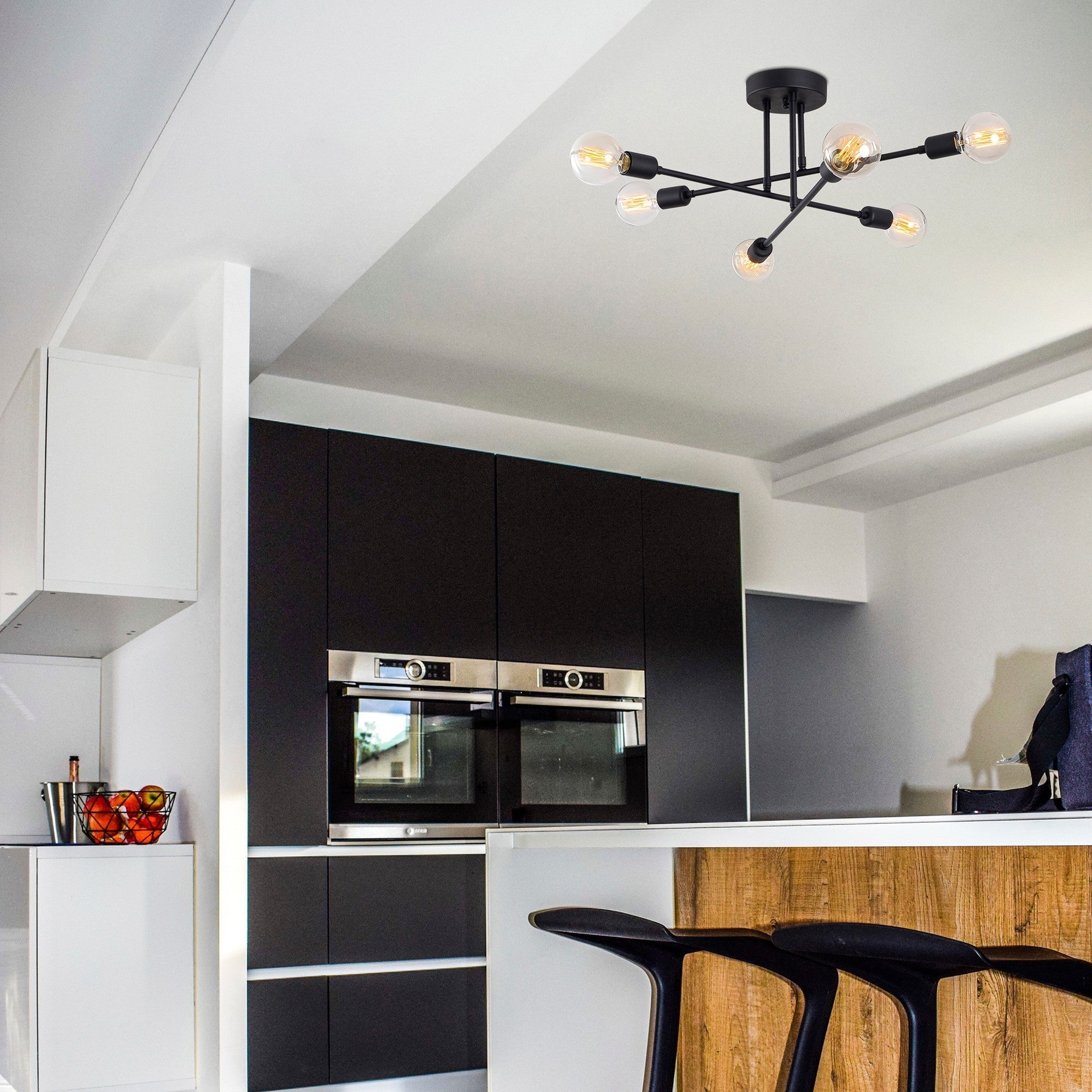 Candeeiro de Teto Industrial Preto, 64 x 64 cm, Corpo em Ferro, 6 x E27, Máx. 40 W, Altura: 30 cm, IP20 | Iluminação Elegante para Espaços Modernos, Fácil Instalação Inclusa