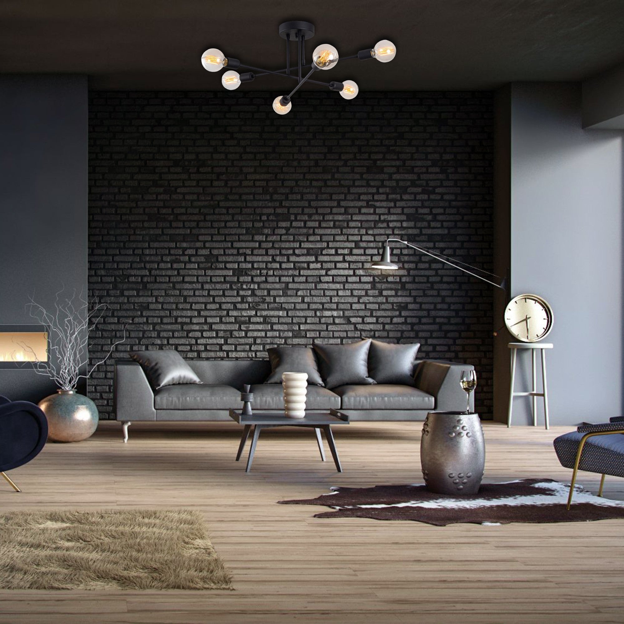 Candeeiro de Teto Industrial Preto, 64 x 64 cm, Corpo em Ferro, 6 x E27, Máx. 40 W, Altura: 30 cm, IP20 | Iluminação Elegante para Espaços Modernos, Fácil Instalação Inclusa