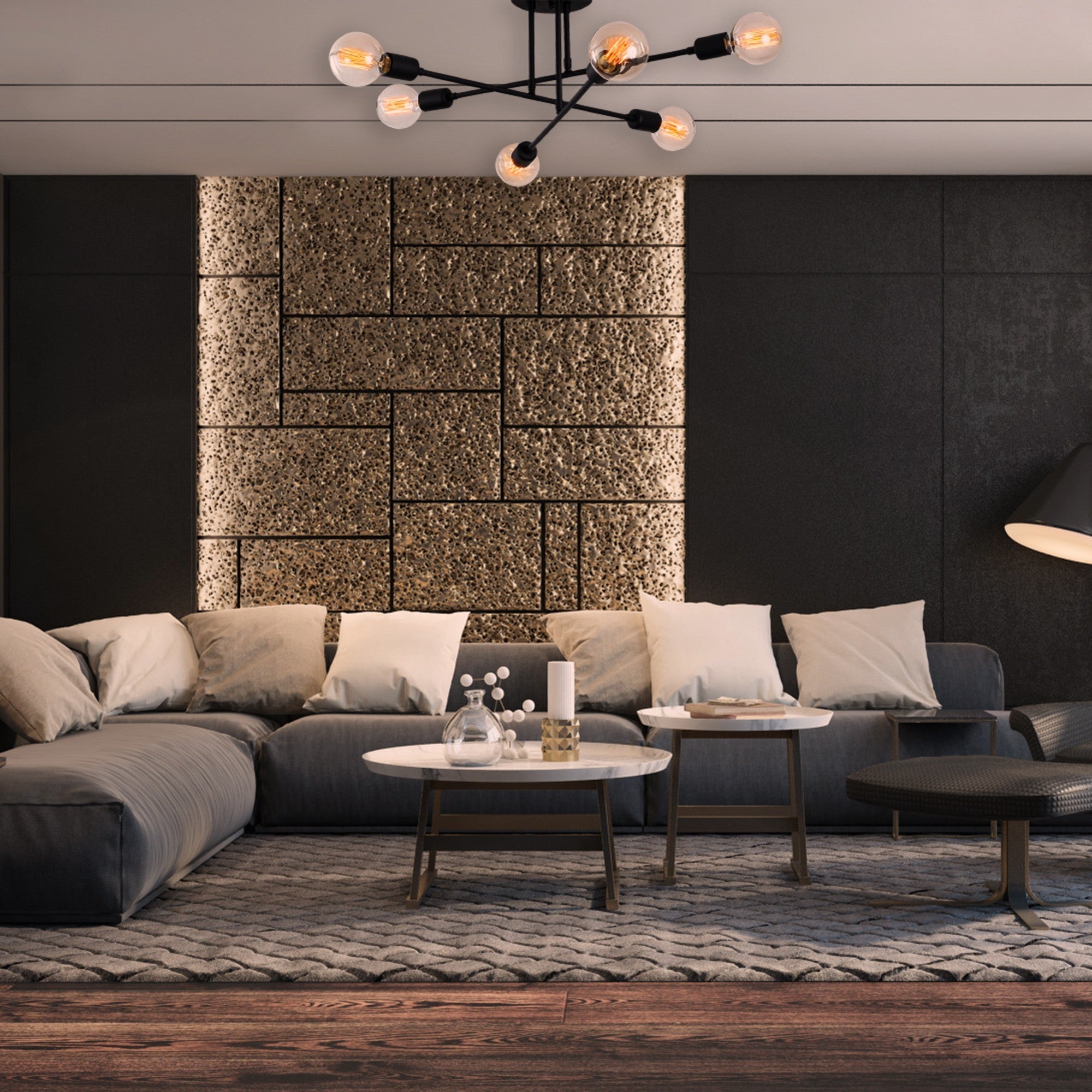 Candeeiro de Teto Industrial Preto, 64 x 64 cm, Corpo em Ferro, 6 x E27, Máx. 40 W, Altura: 30 cm, IP20 | Iluminação Elegante para Espaços Modernos, Fácil Instalação Inclusa