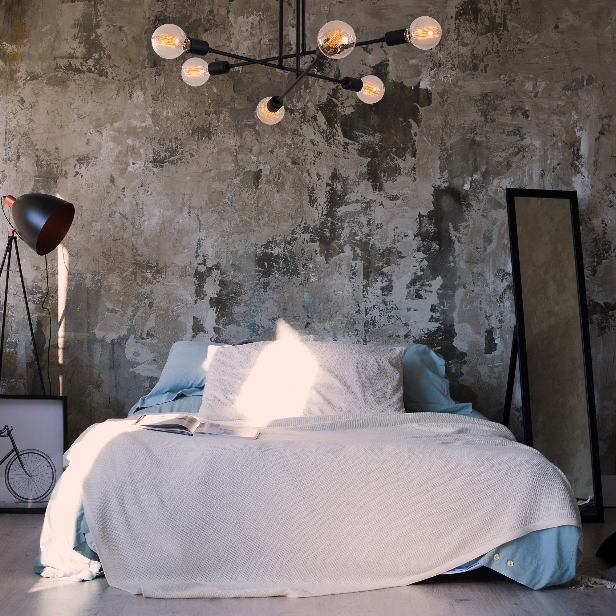 Candeeiro de Teto Industrial Preto, 64 x 64 cm, Corpo em Ferro, 6 x E27, Máx. 40 W, Altura: 30 cm, IP20 | Iluminação Elegante para Espaços Modernos, Fácil Instalação Inclusa