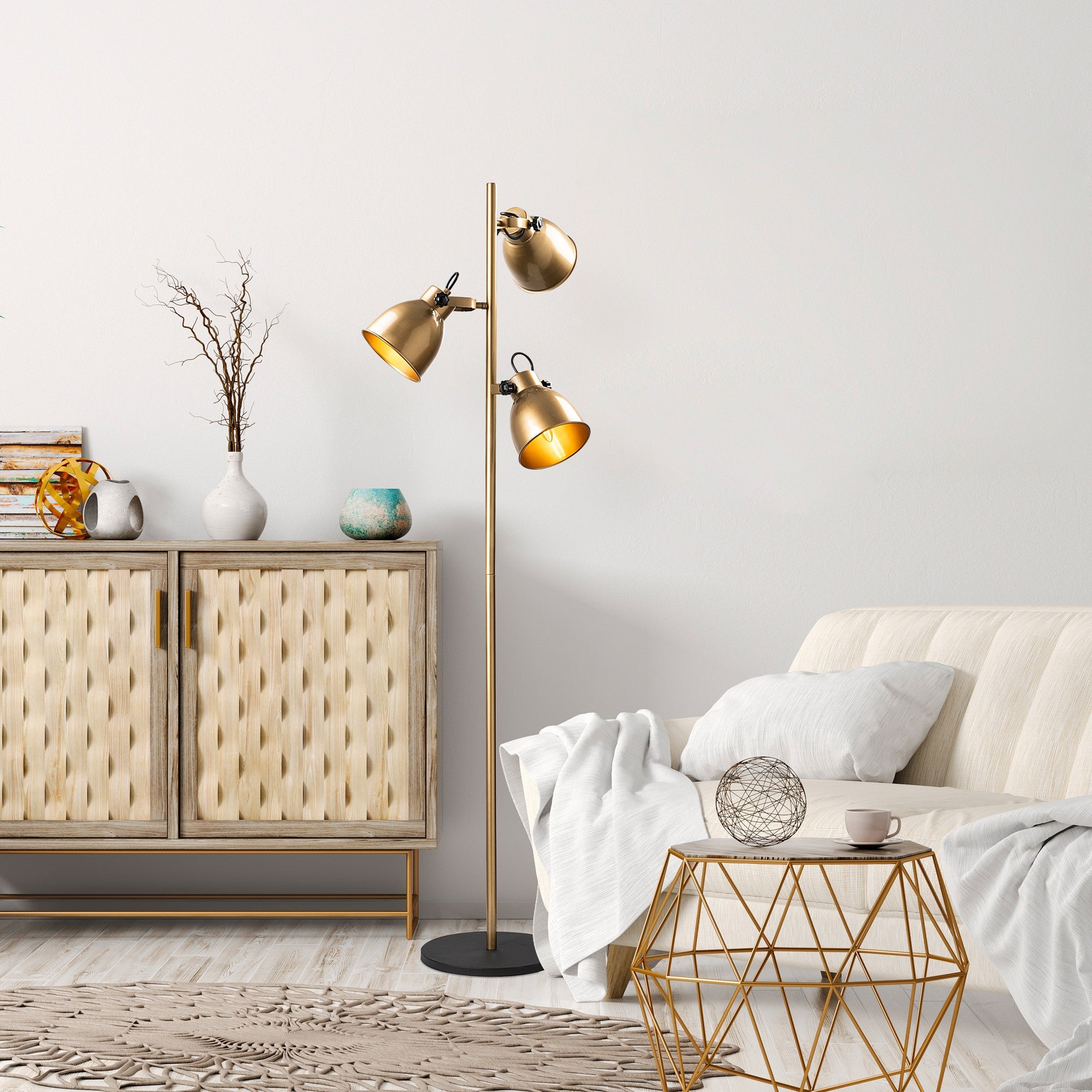 Candeeiro de Pé Elegante Dourada, Corpo em Metal, 37 x 37 x 162 cm | Abajur de Ø16 cm, Cabo de 250 cm, Interruptor Liga/Desliga | Iluminação Elegante para Decoração Moderna, IP20