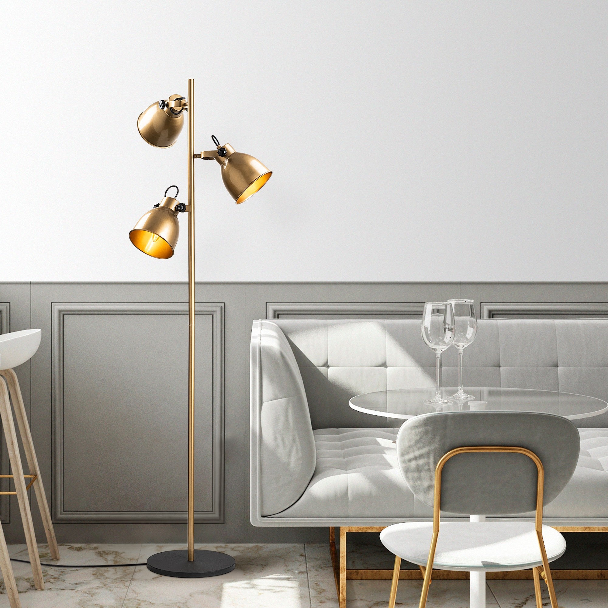 Candeeiro de Pé Elegante Dourada, Corpo em Metal, 37 x 37 x 162 cm | Abajur de Ø16 cm, Cabo de 250 cm, Interruptor Liga/Desliga | Iluminação Elegante para Decoração Moderna, IP20