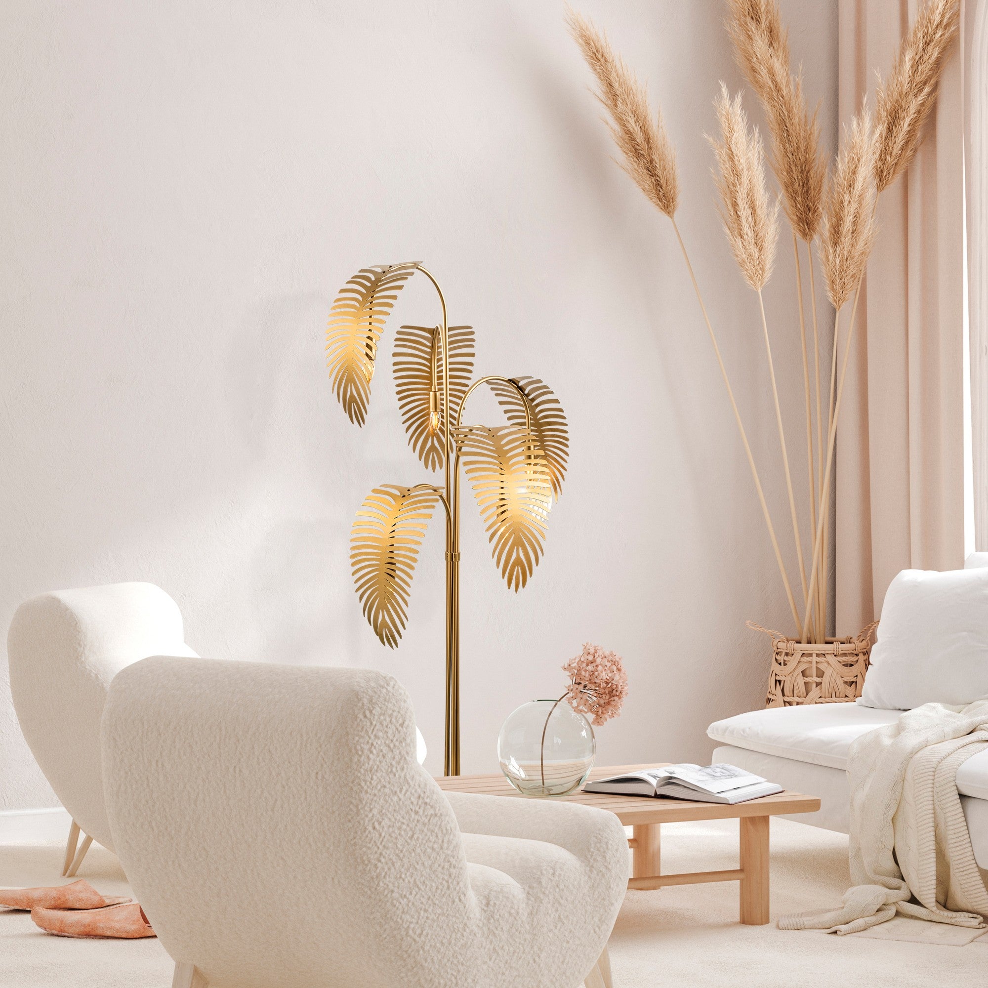 Candeeiro de Pé Elegante Dourada, Corpo de Metal, 71 x 71 x 157 cm | 5 Soquetes E14, Cabo de 250 cm, Interruptor Liga/Desliga | Iluminação Elegante para Decoração Moderna