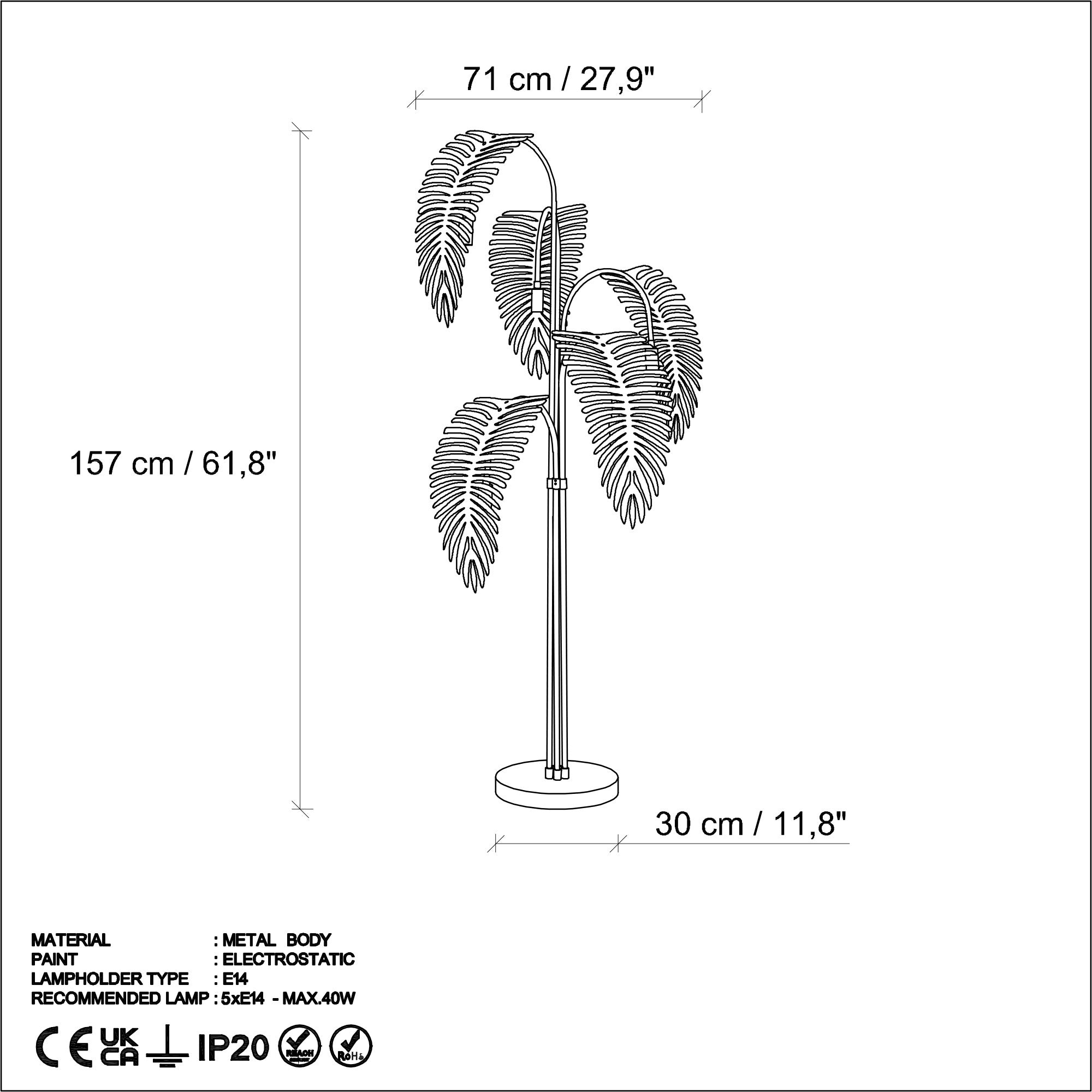 Candeeiro de Pé Elegante Dourada, Corpo de Metal, 71 x 71 x 157 cm | 5 Soquetes E14, Cabo de 250 cm, Interruptor Liga/Desliga | Iluminação Elegante para Decoração Moderna