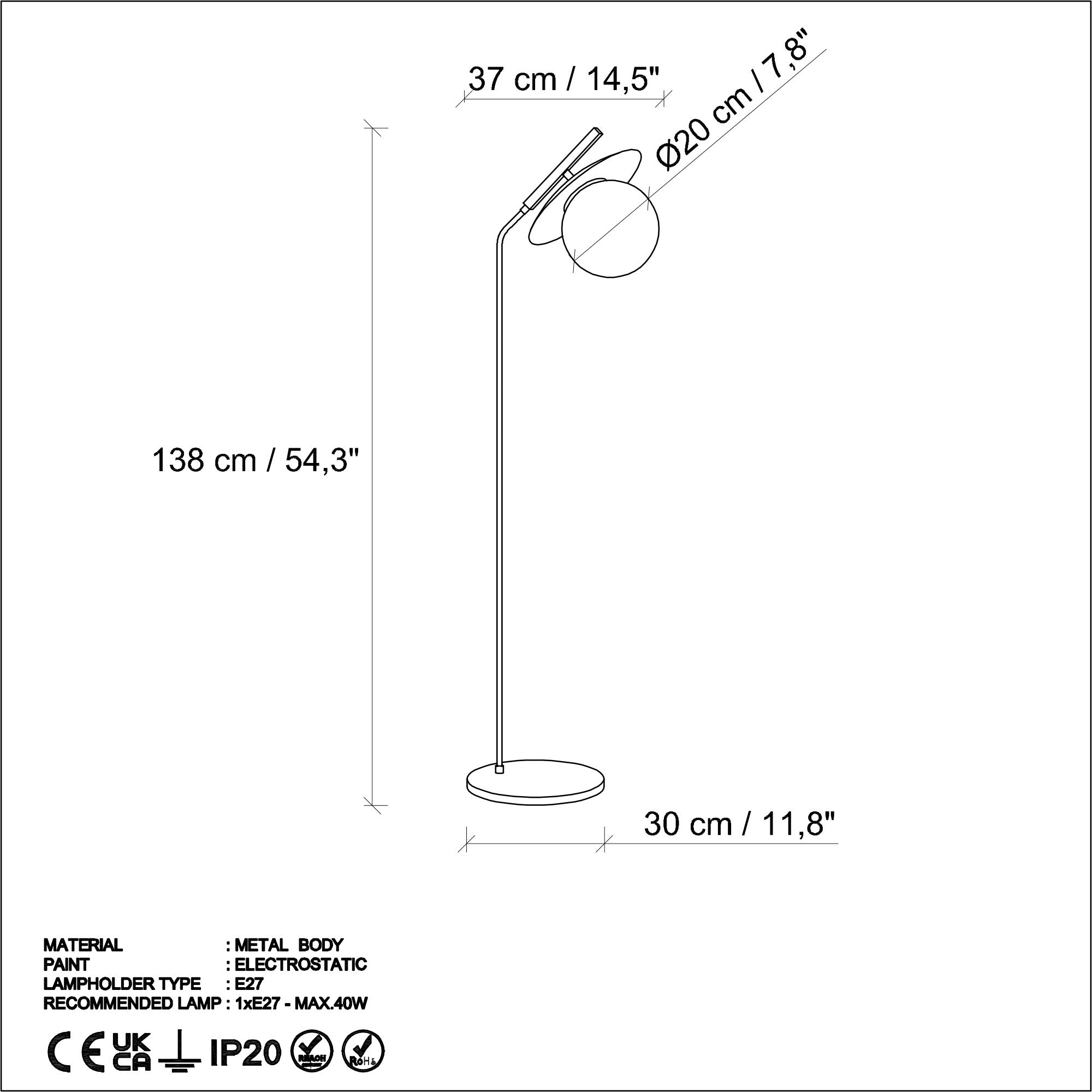 Candeeiro de Pé Elegante Dourada, Corpo de Metal, 37 x 30 x 138 cm | Abajur de Ø20 cm, Cabo de 250 cm, Interruptor Liga/Desliga | Iluminação Elegante para Decoração Moderna