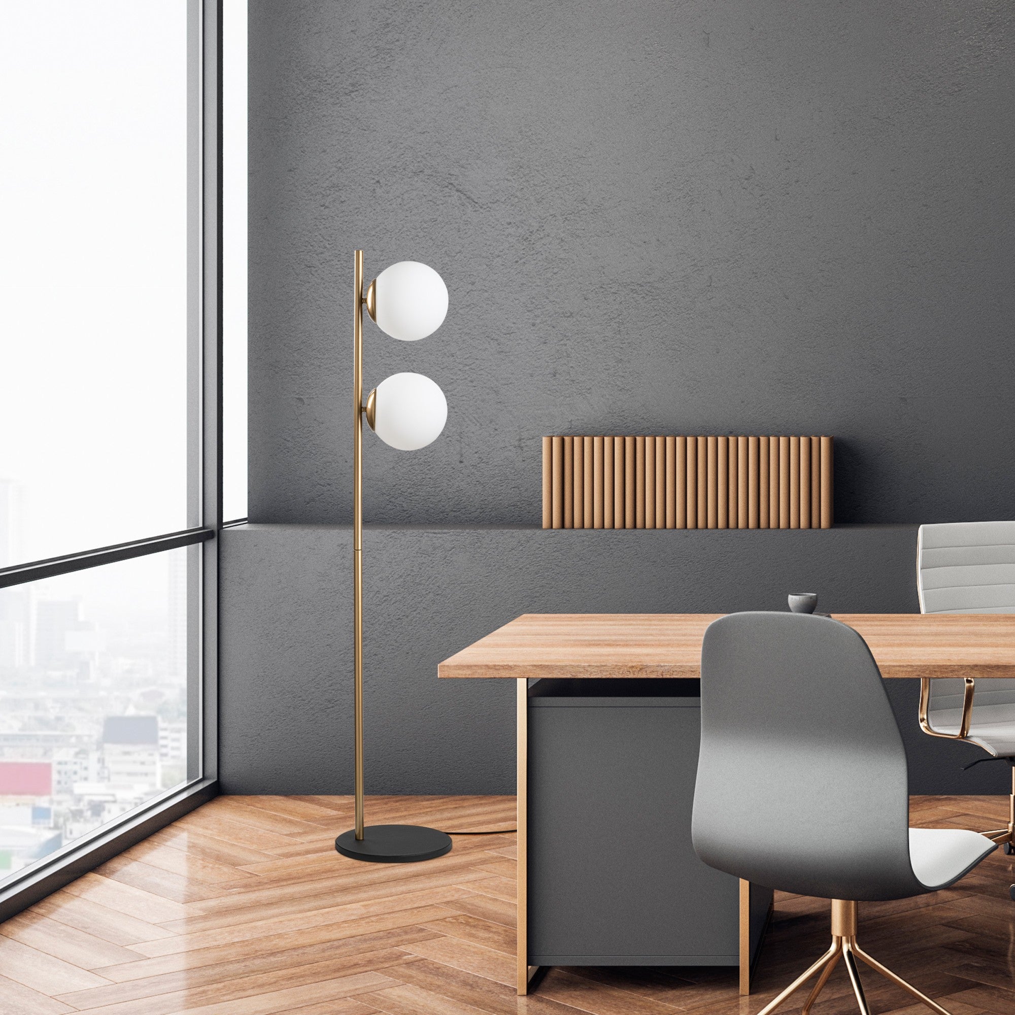 Candeeiro de Pé Elegante Dourada, Corpo em Metal, 30 x 30 x 155 cm | 2 Soquetes E27, 40 W Máx., Cabo de 250 cm, Interruptor Liga/Desliga | Iluminação Elegante para Espaços Modernos