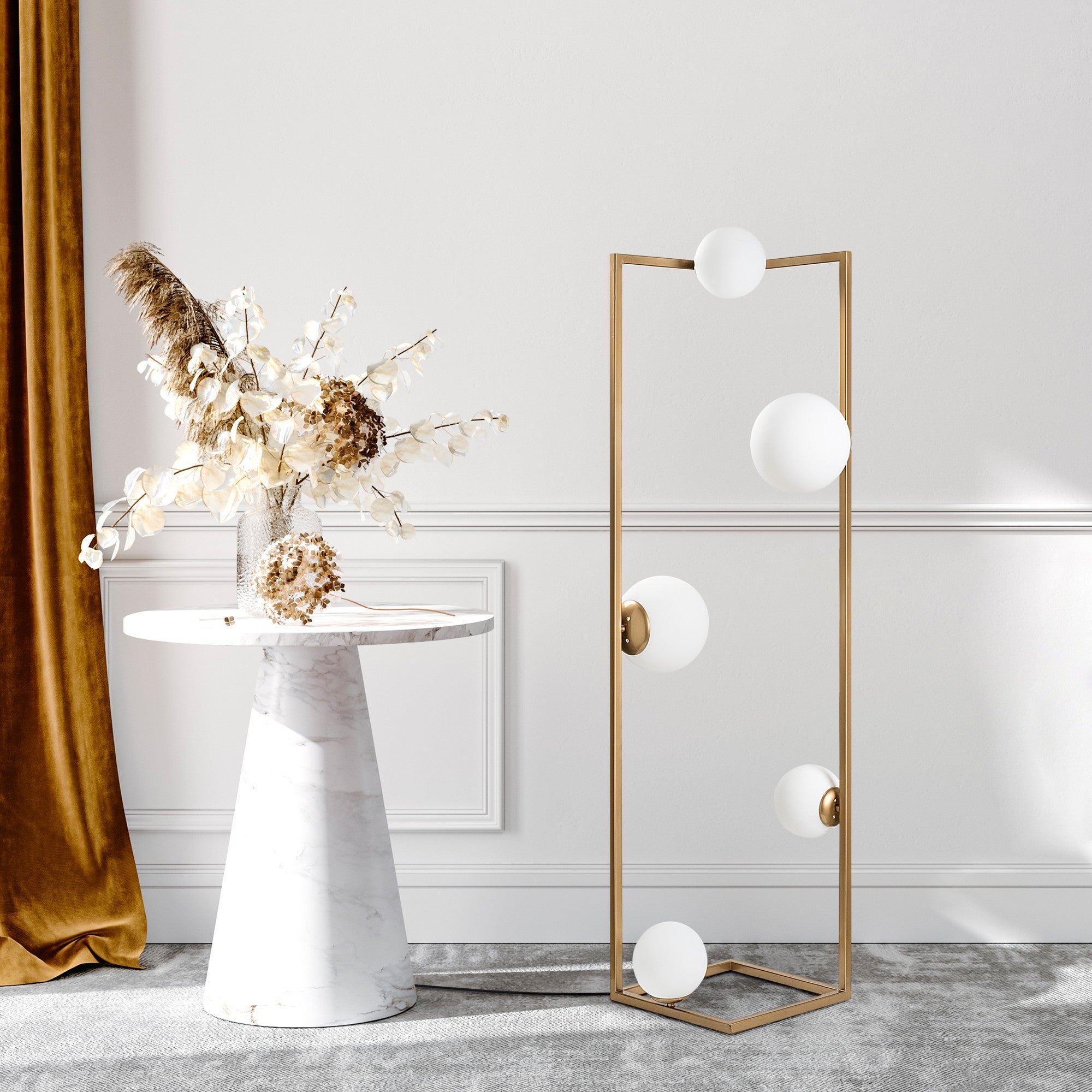 Candeeiro de Pé Elegante Dourada, Corpo em Metal, 35 x 35 x 157 cm | 2 Soquetes E27 e 3 Soquetes E14, Cabo de 250 cm, Interruptor Liga/Desliga | Iluminação Elegante para Espaços Modernos