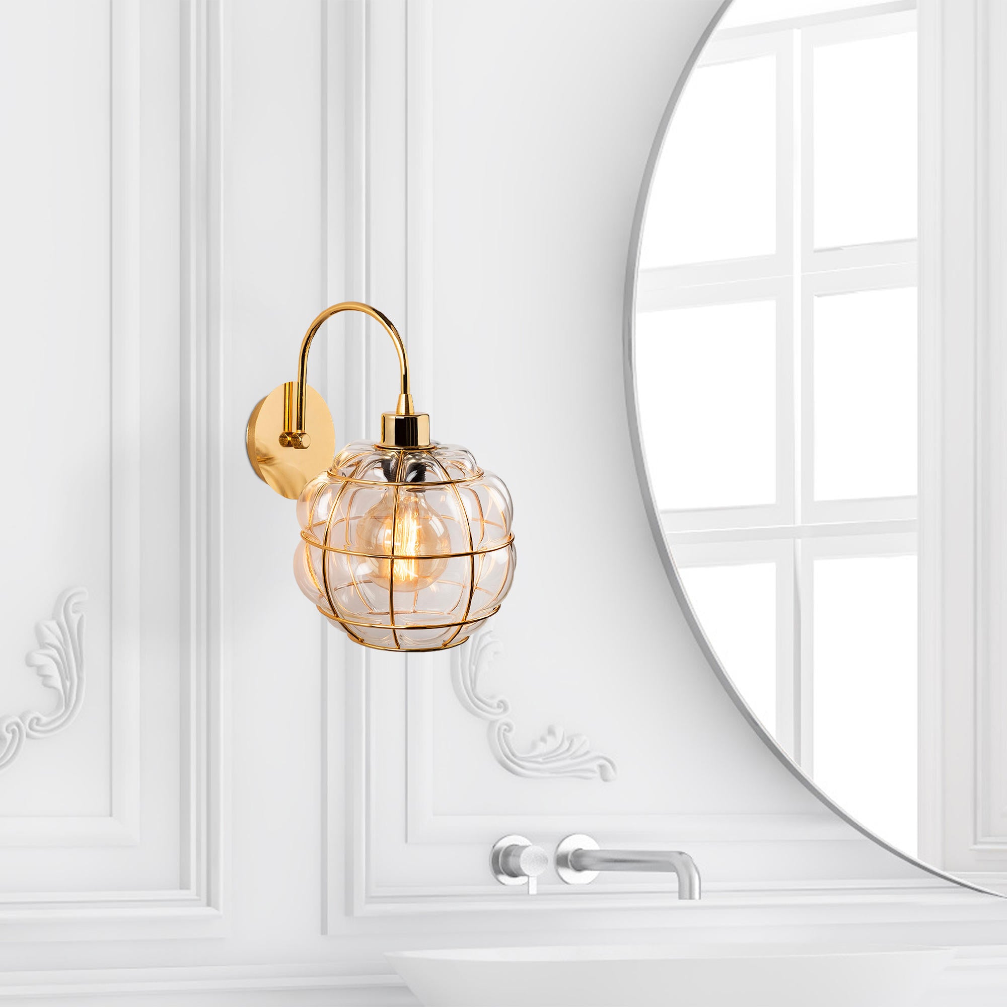 Candeeiro de Parede dourada glamorosa, corpo de metal, 23 x 27 cm, altura: 30 cm, soquete E27, potência máxima de 40 W, design elegante para hotéis e espaços modernos, classificação IP20