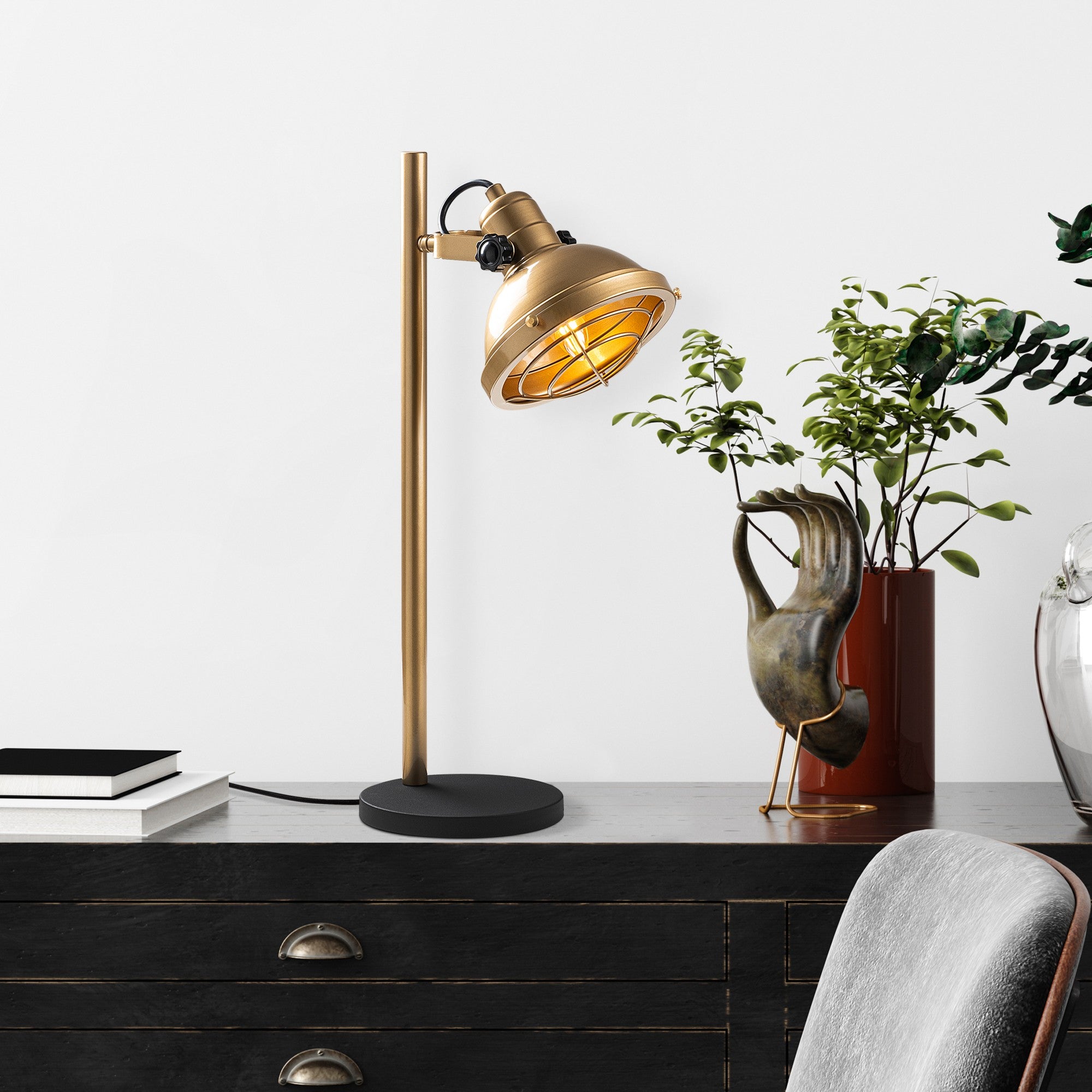 Candeeiro de Mesa elegante dourada, corpo de metal, Ø16 x 17 cm | 28 x 18 x 58 cm | Cabo de 200 cm, interruptor liga/desliga | Soquete E14, máx. 40 W | Iluminação elegante para casa e escritório