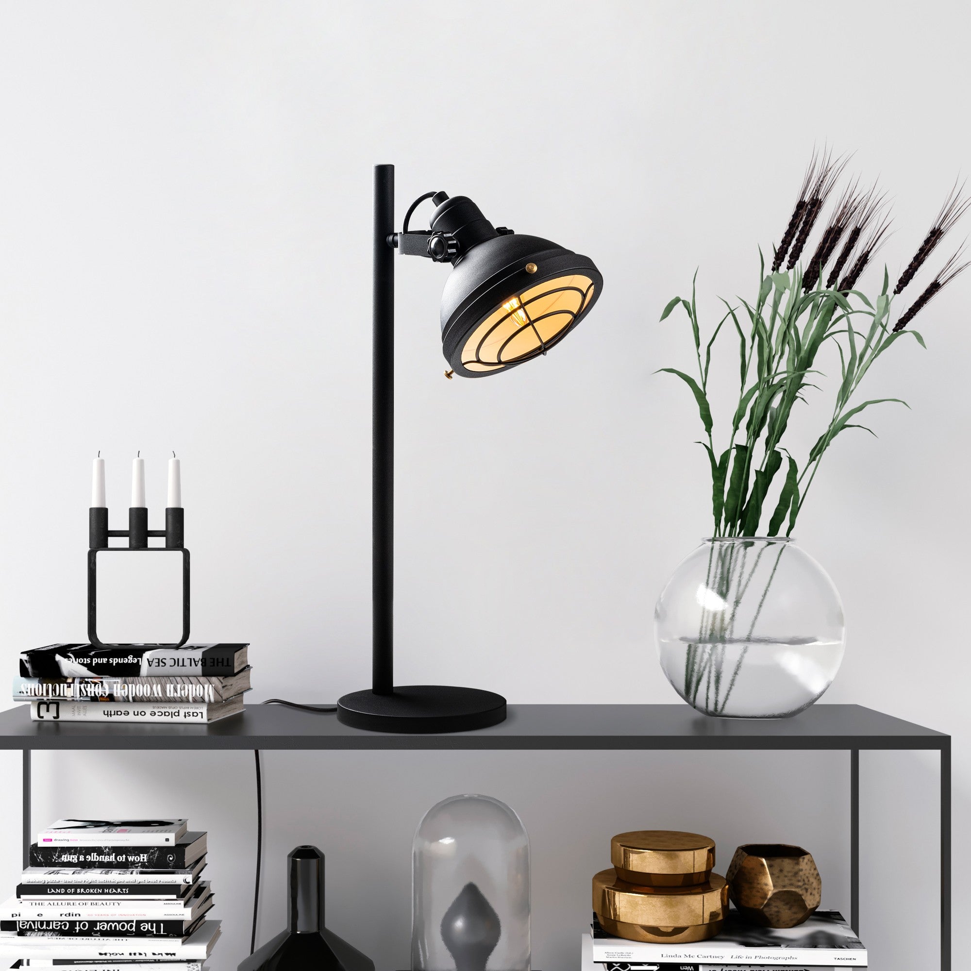Candeeiro de Mesa elegante dourada, corpo de metal, Ø16 x 17 cm | 28 x 18 x 58 cm | Cabo de 200 cm, interruptor liga/desliga | Soquete E14, máx. 40 W | Iluminação elegante para casa e escritório