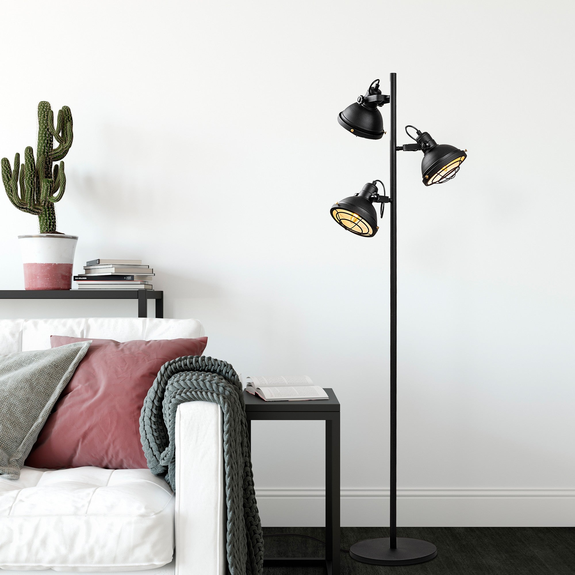 Candeeiro de Pé elegante preta, corpo de metal, 37 x 37 x 162 cm | Base Ø30, cabo de 250 cm, interruptor liga/desliga | Ideal para salas de estar e quartos modernos