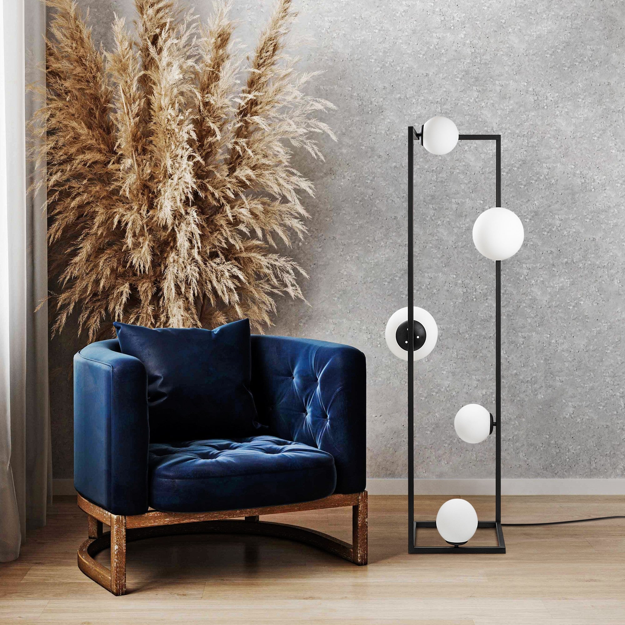 Candeeiro de Pé preta elegante, corpo de metal, 35 x 35 x 157 cm | 2 soquetes E27 e 3 soquetes E14, cabo de 250 cm, interruptor liga/desliga | Iluminação moderna para casa e escritório