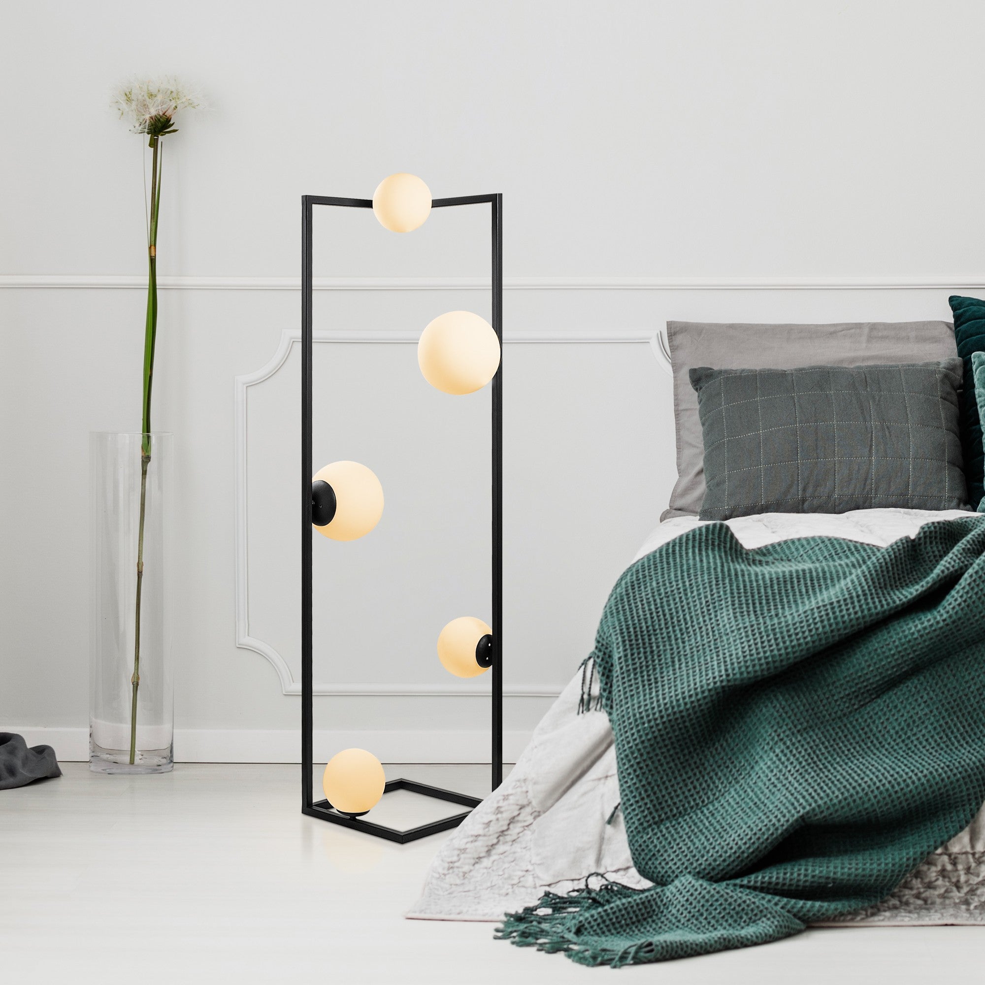 Candeeiro de Pé preta elegante, corpo de metal, 35 x 35 x 157 cm | 2 soquetes E27 e 3 soquetes E14, cabo de 250 cm, interruptor liga/desliga | Iluminação moderna para casa e escritório