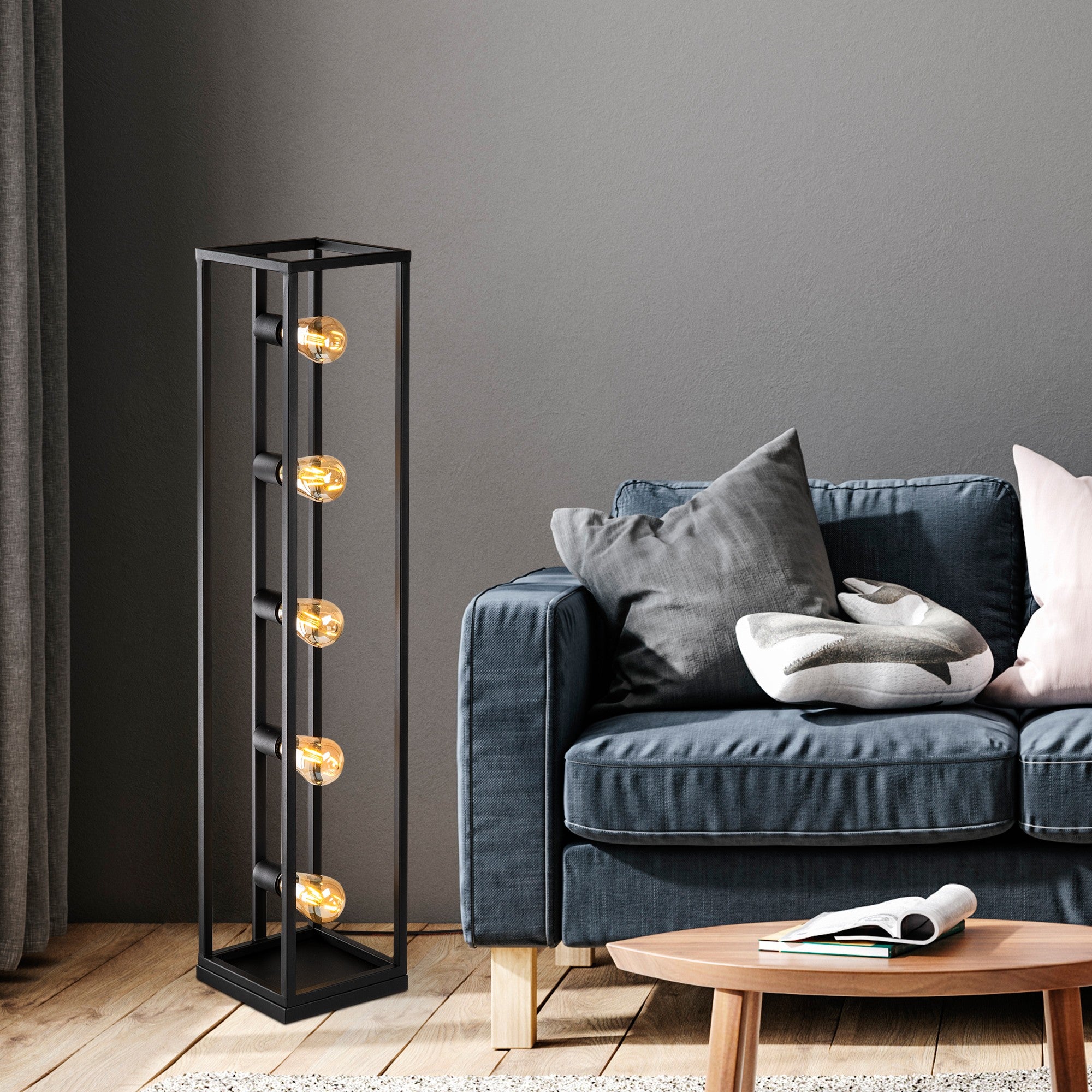 Candeeiro de Pé preta elegante, corpo de metal, 21 x 21 x 102 cm | Cabo de 250 cm, interruptor liga/desliga, 5 x E27 máx. 40 W | Iluminação moderna para casa e escritório