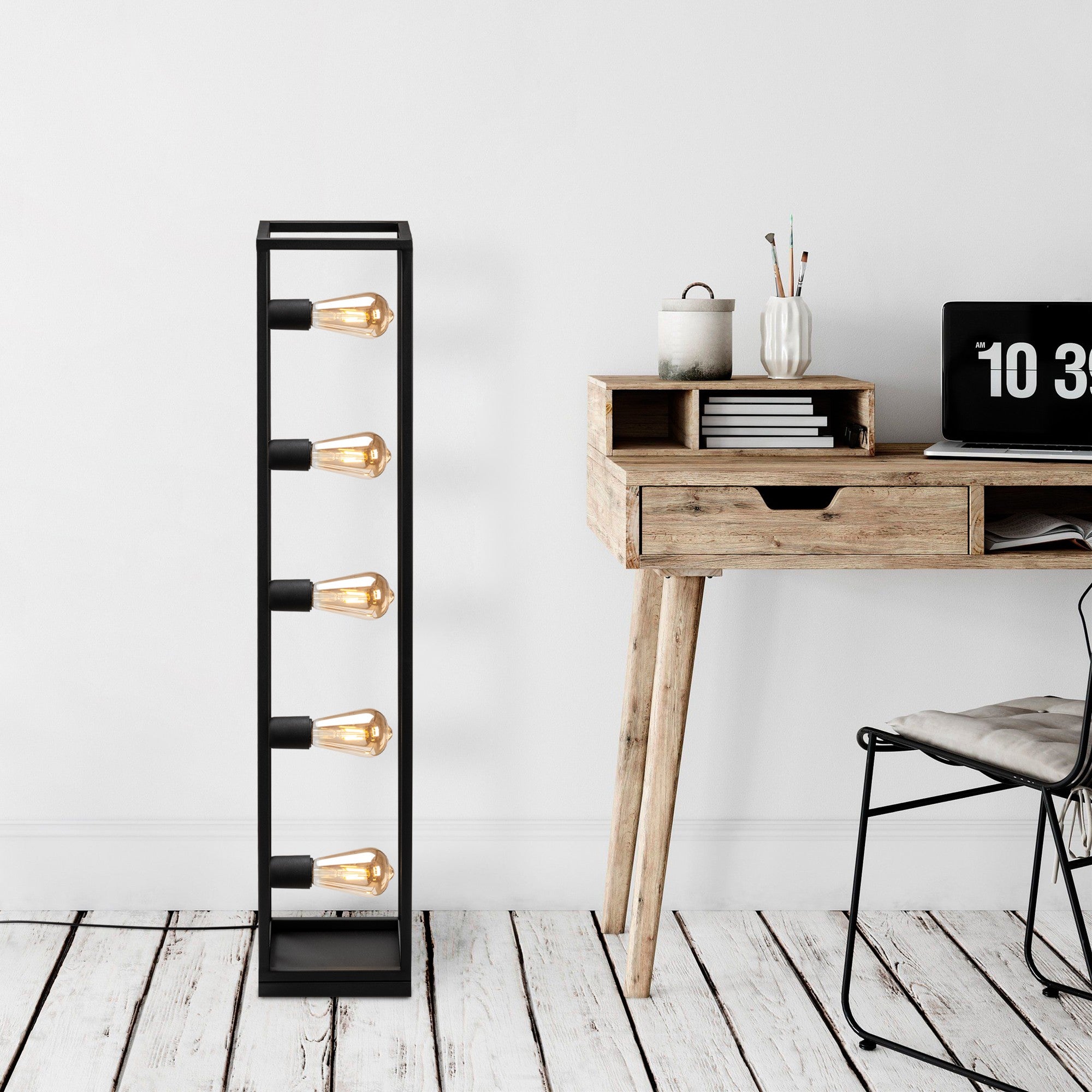 Candeeiro de Pé preta elegante, corpo de metal, 21 x 21 x 102 cm | Cabo de 250 cm, interruptor liga/desliga, 5 x E27 máx. 40 W | Iluminação moderna para casa e escritório