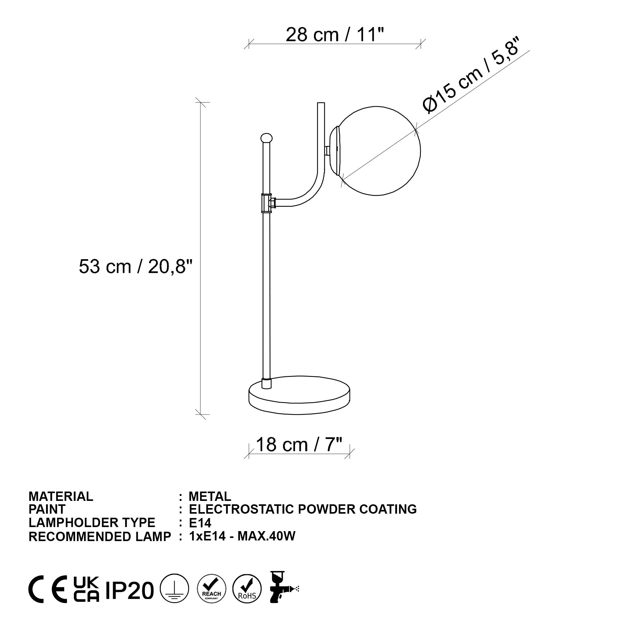 Candeeiro de Mesa Elegante Preta, Corpo de Metal, 28 x 18 x 53 cm | Abajur de Ø15 cm, Cabo de 200 cm, Interruptor Liga/Desliga | Ideal para Decoração Moderna de Casa e Escritório