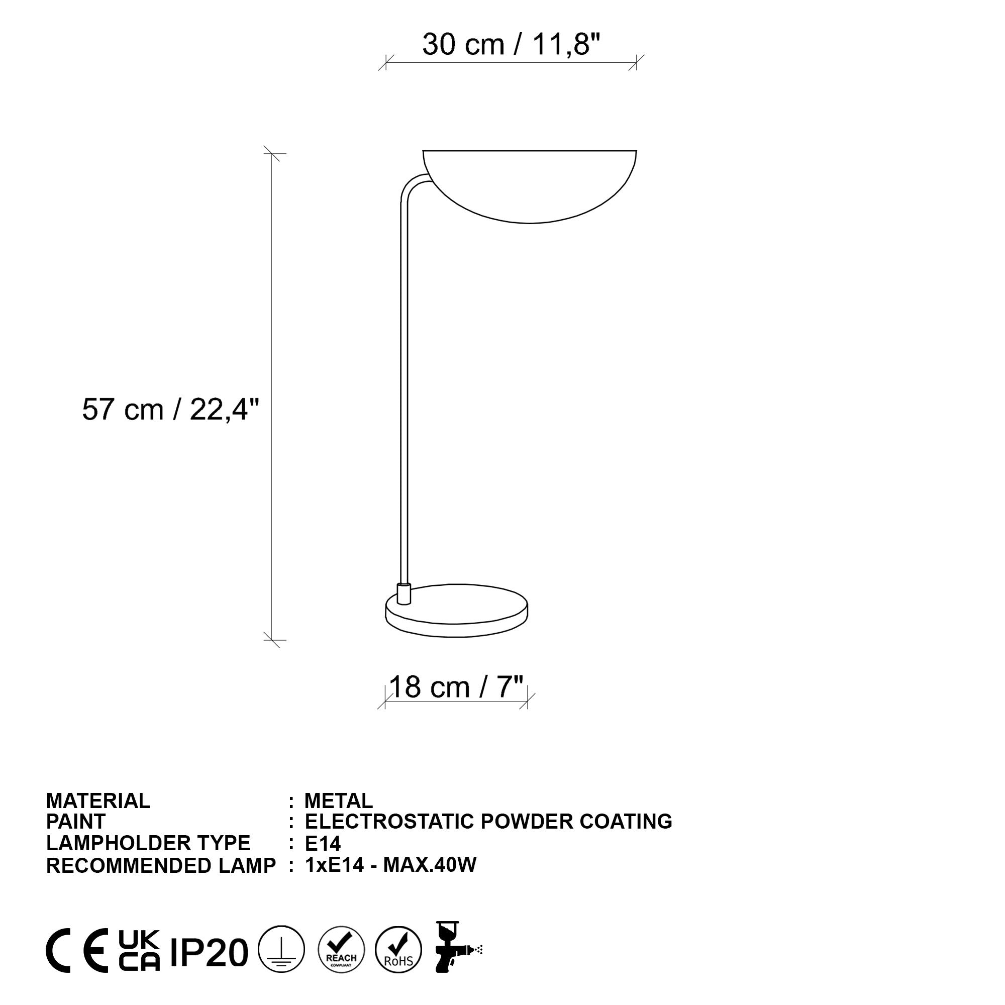 Candeeiro de Mesa Preta Elegante, Corpo de Metal, 30 x 18 x 57 cm | Base Ø18, Cabo de 200 cm, Interruptor Liga/Desliga | Soquete E14, Máx. 40 W, Decoração Moderna para Casa