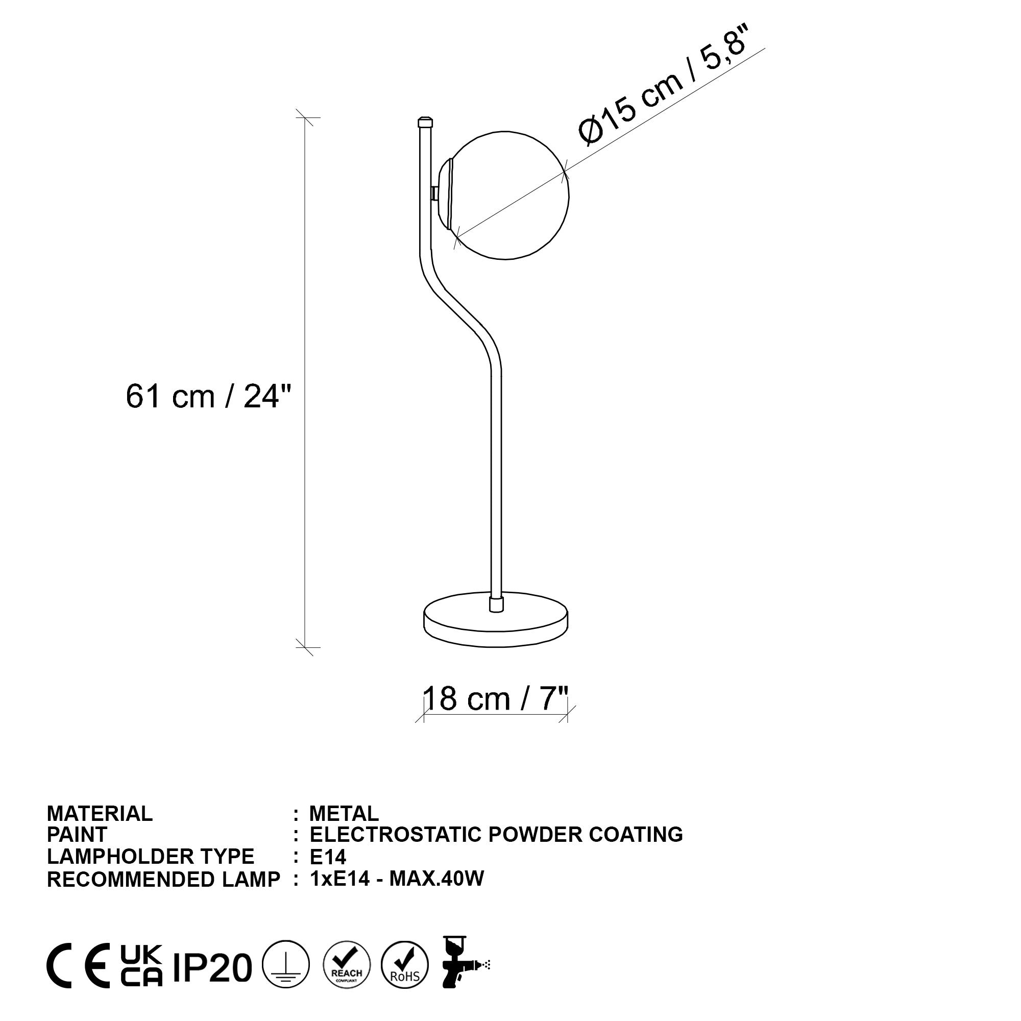 Candeeiro de Mesa Elegante Preta, Corpo de Metal, 18 x 18 x 61 cm | Abajur de Ø15 cm, Cabo de 200 cm, Interruptor Liga/Desliga | Ideal para Decoração Moderna de Casa e Escritório