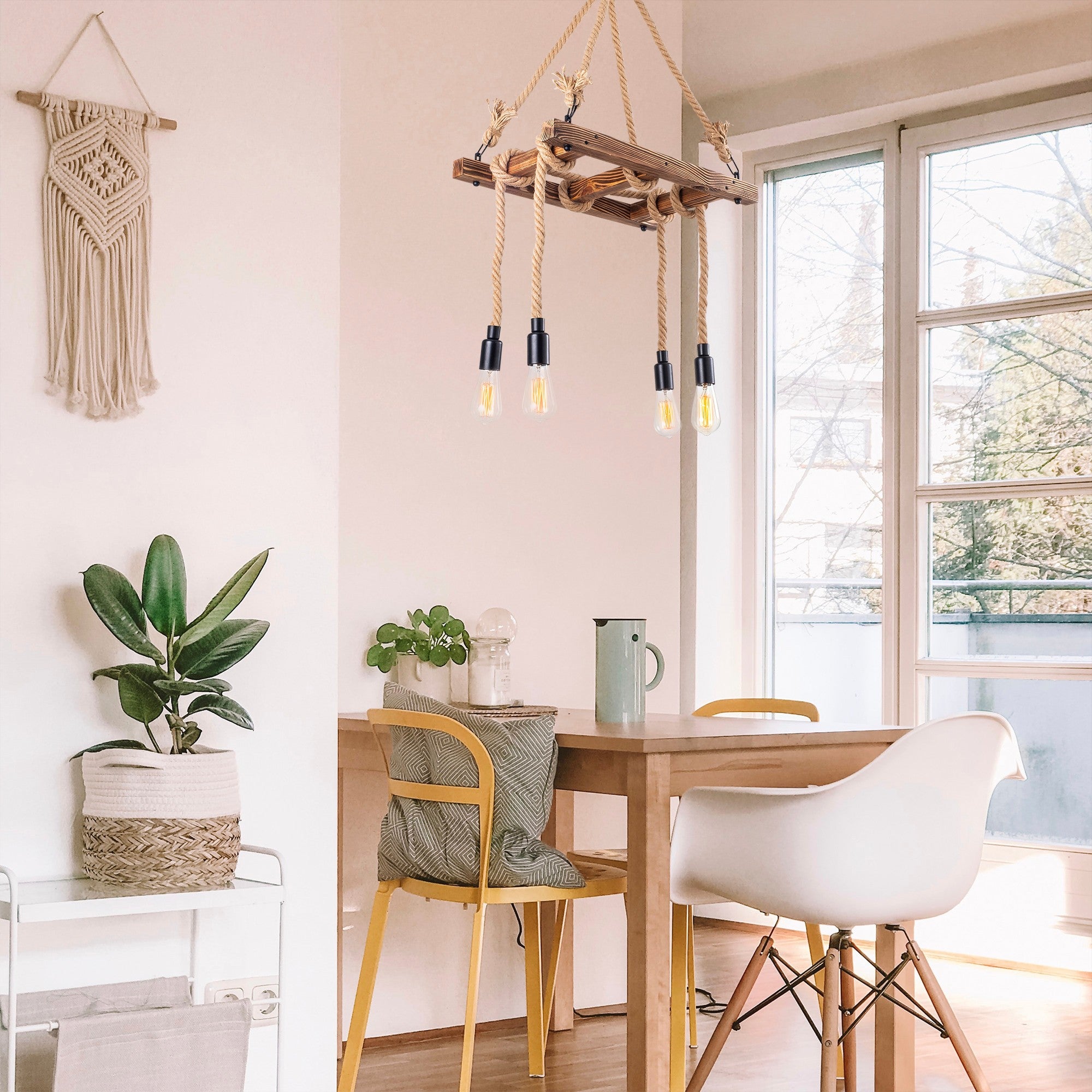 Candeeiro de Teto Elegante de Madeira, 60 x 34 cm, Altura 100 cm | 4 x E27 Máx. 40 W, Design Rústico em Cor Sólida | Perfeito para Espaços Modernos e Aconchegantes