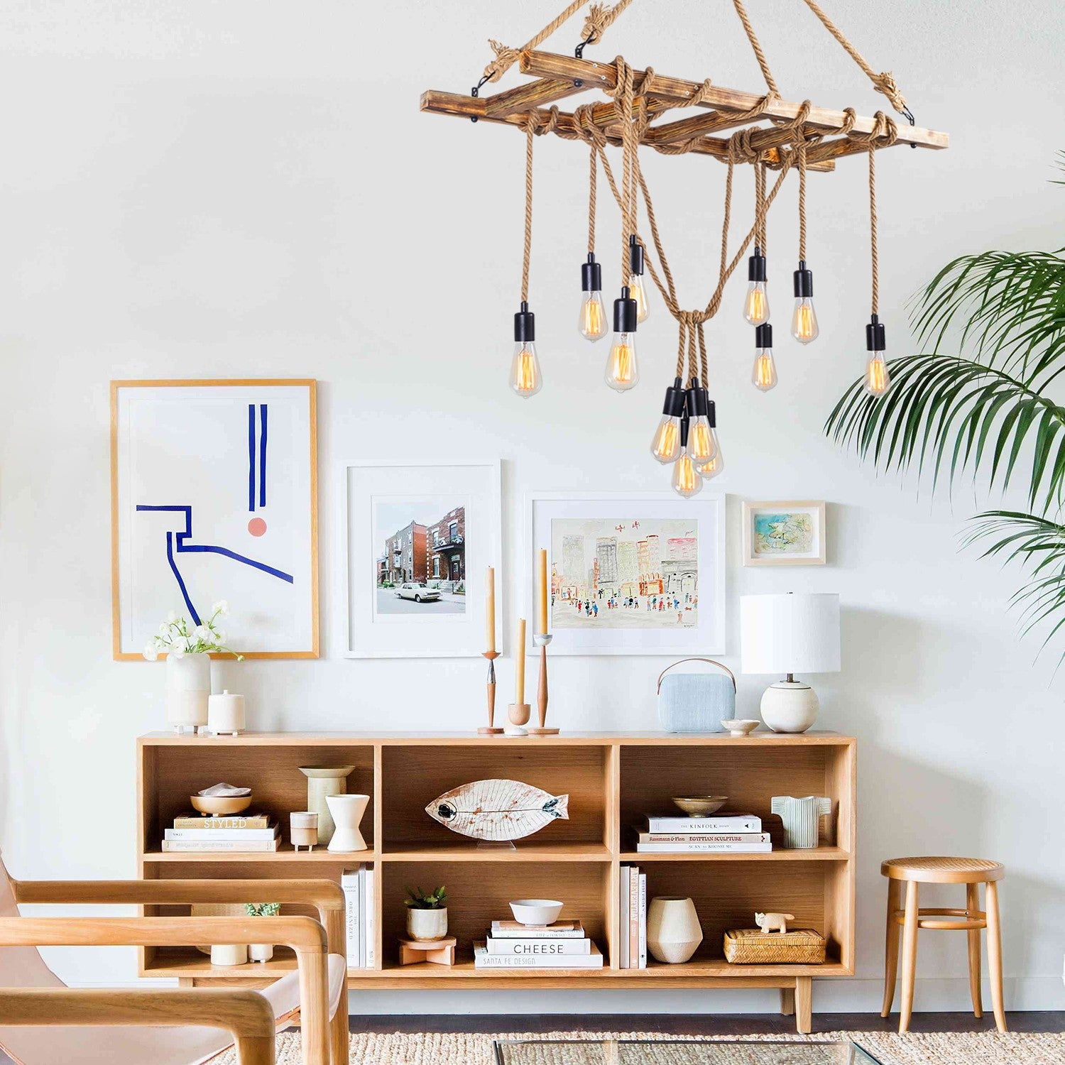 Candeeiro de Teto elegante em madeira de carpa, 120 x 42 cm, altura 137 cm | 12 x E27 máx. 40 W | Design rústico em cor sólida, perfeito para espaços modernos | Cabo de 40 cm