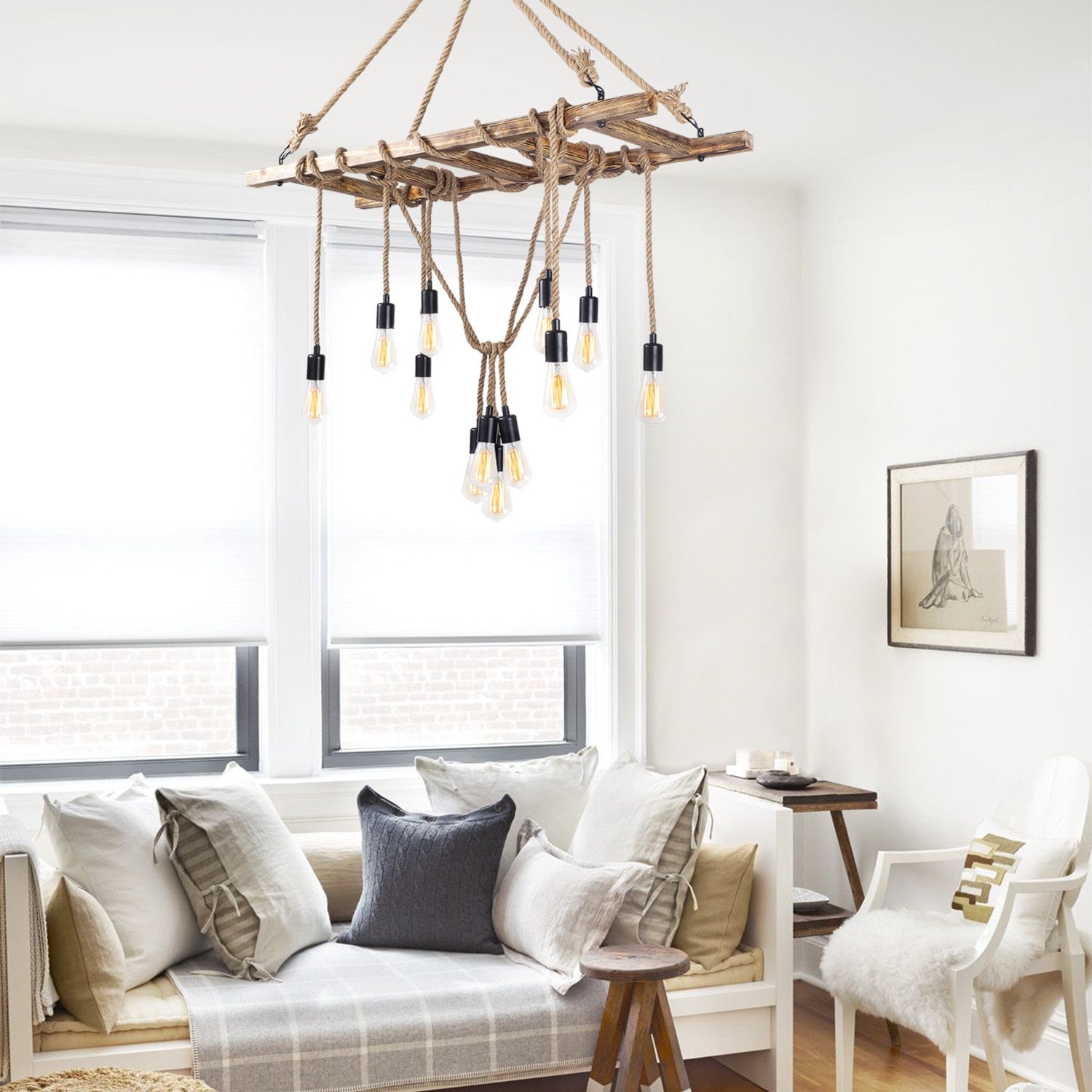 Candeeiro de Teto elegante em madeira de carpa, 120 x 42 cm, altura 137 cm | 12 x E27 máx. 40 W | Design rústico em cor sólida, perfeito para espaços modernos | Cabo de 40 cm