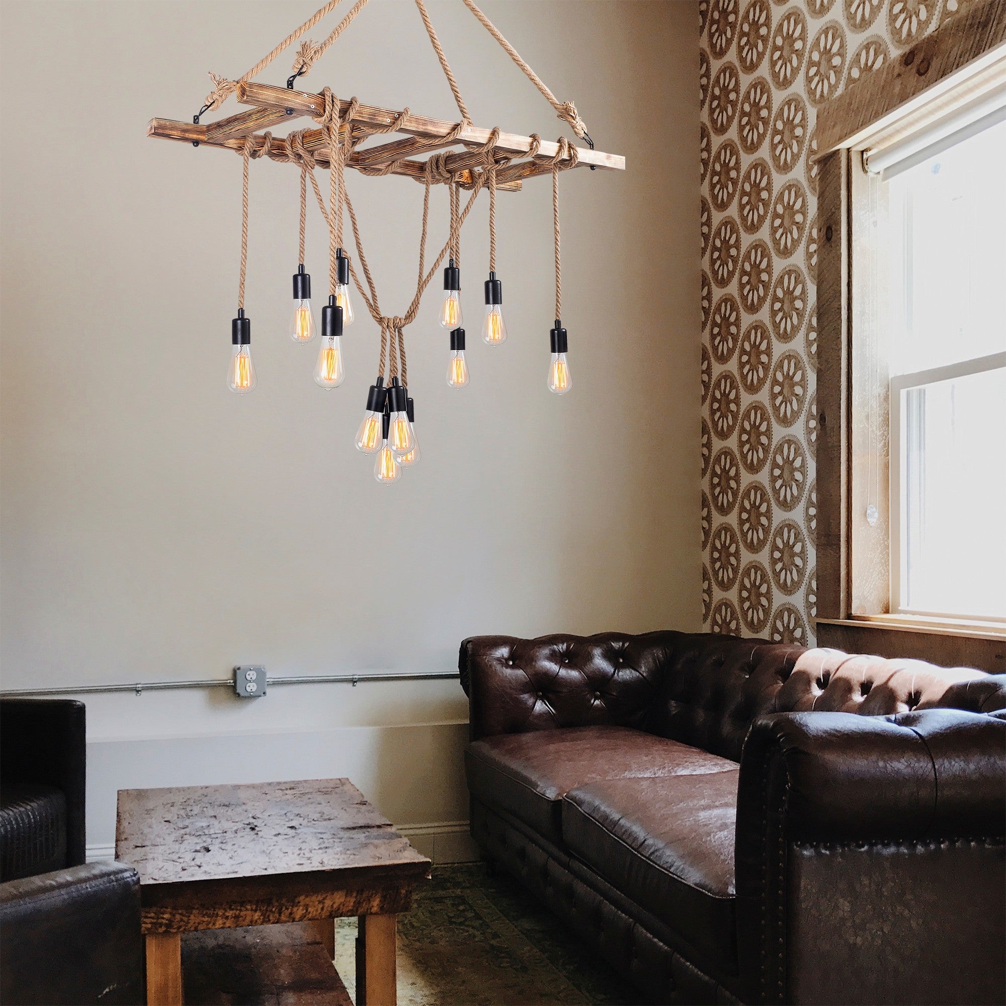 Candeeiro de Teto elegante em madeira de carpa, 120 x 42 cm, altura 137 cm | 12 x E27 máx. 40 W | Design rústico em cor sólida, perfeito para espaços modernos | Cabo de 40 cm