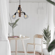 Candeeiro de Teto moderno com corpo em madeira de carpa e tampa de ferro, 42 x 42 cm, altura: 79 cm | 4 x E27 máx. 40 W | Acabamento em preto e madeira, perfeito para decoração industrial e rústica