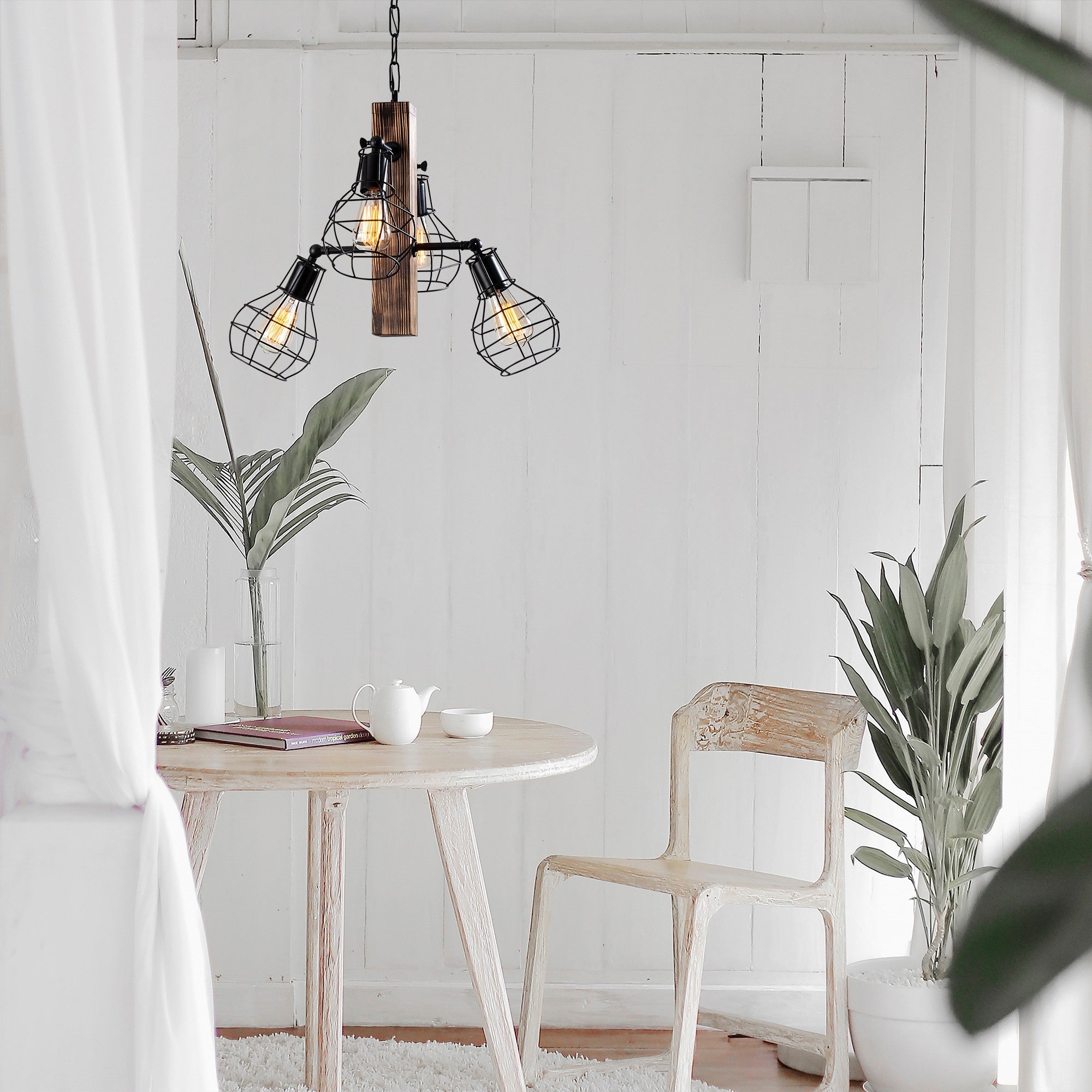 Candeeiro de Teto moderno com corpo em madeira de carpa e tampa de ferro, 42 x 42 cm, altura: 79 cm | 4 x E27 máx. 40 W | Acabamento em preto e madeira, perfeito para decoração industrial e rústica