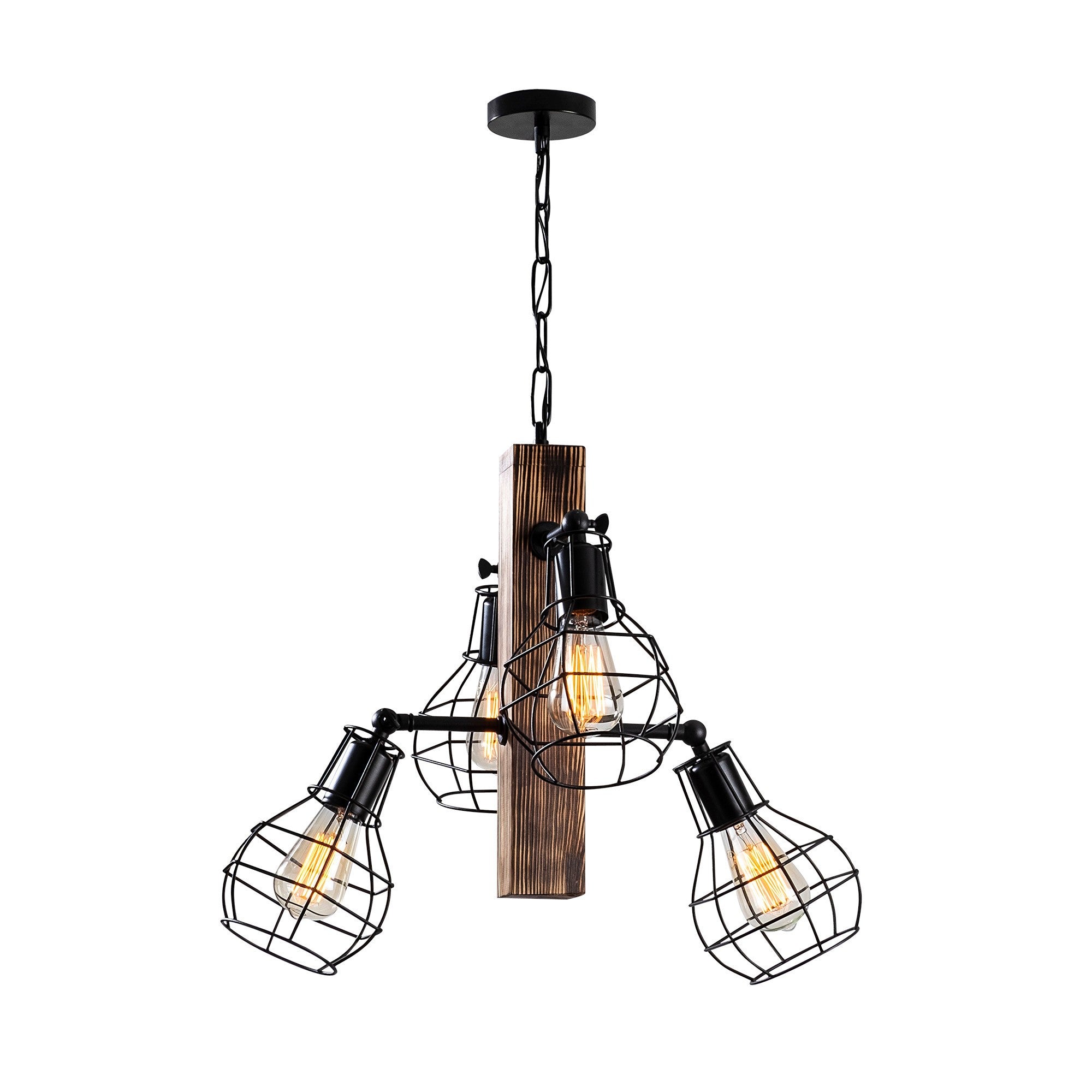 Candeeiro de Teto moderno com corpo em madeira de carpa e tampa de ferro, 42 x 42 cm, altura: 79 cm | 4 x E27 máx. 40 W | Acabamento em preto e madeira, perfeito para decoração industrial e rústica