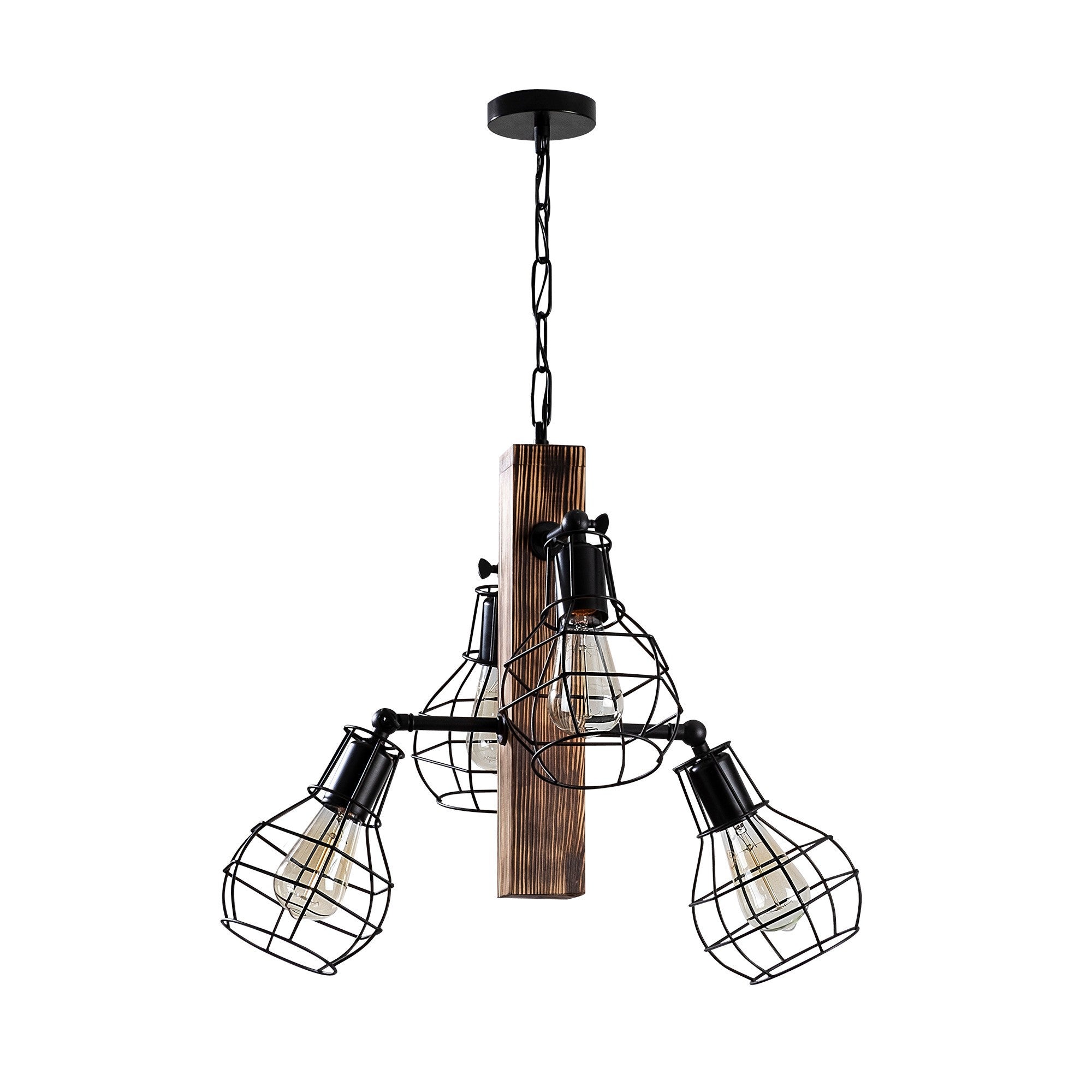 Candeeiro de Teto moderno com corpo em madeira de carpa e tampa de ferro, 42 x 42 cm, altura: 79 cm | 4 x E27 máx. 40 W | Acabamento em preto e madeira, perfeito para decoração industrial e rústica