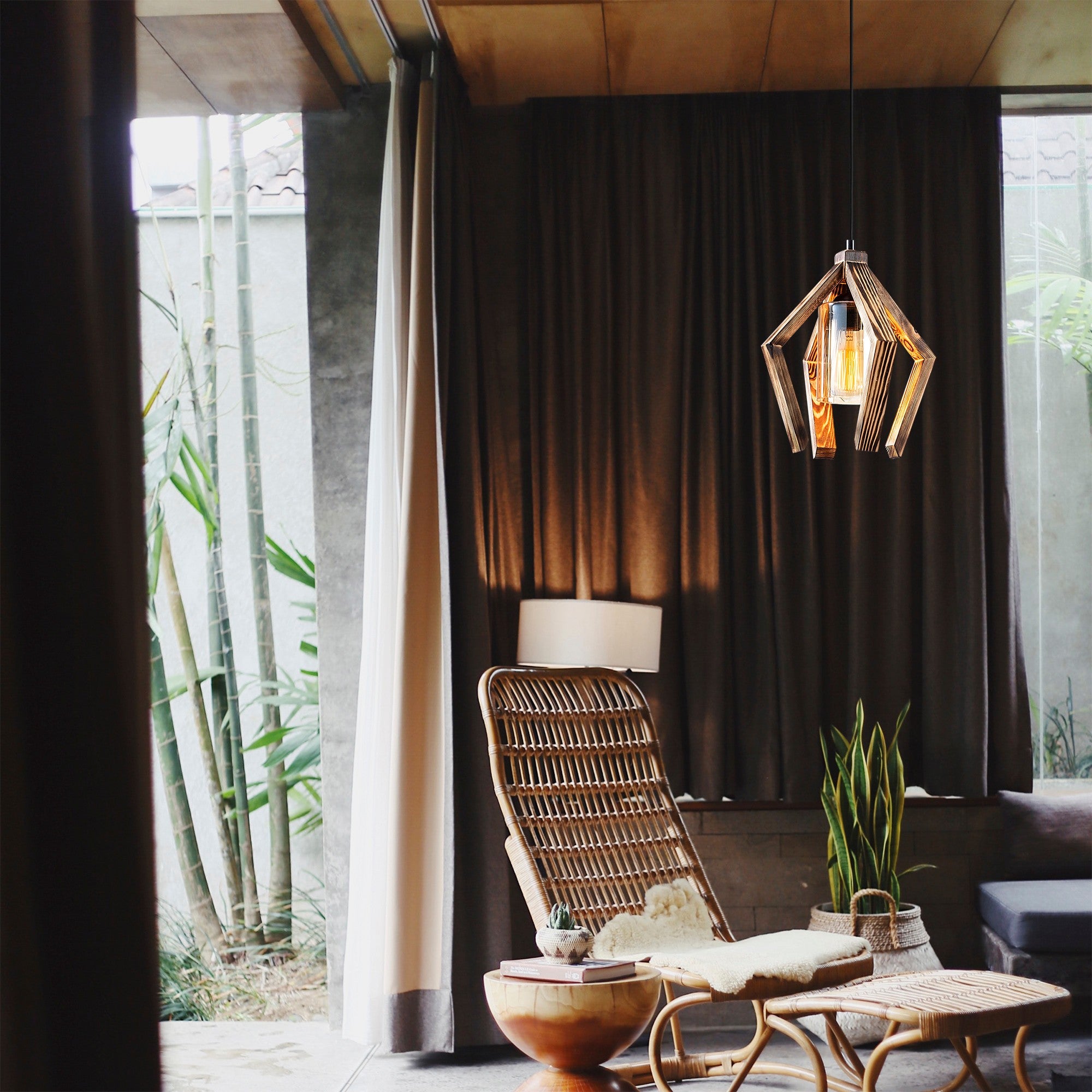 Candeeiro de Teto Elegante de Madeira, 28 x 28 cm, Altura 105 cm | Acabamento Preto e Madeira, Soquete E27, Máx. 40 W | Design Rústico Moderno para Casa e Sala de Jantar
