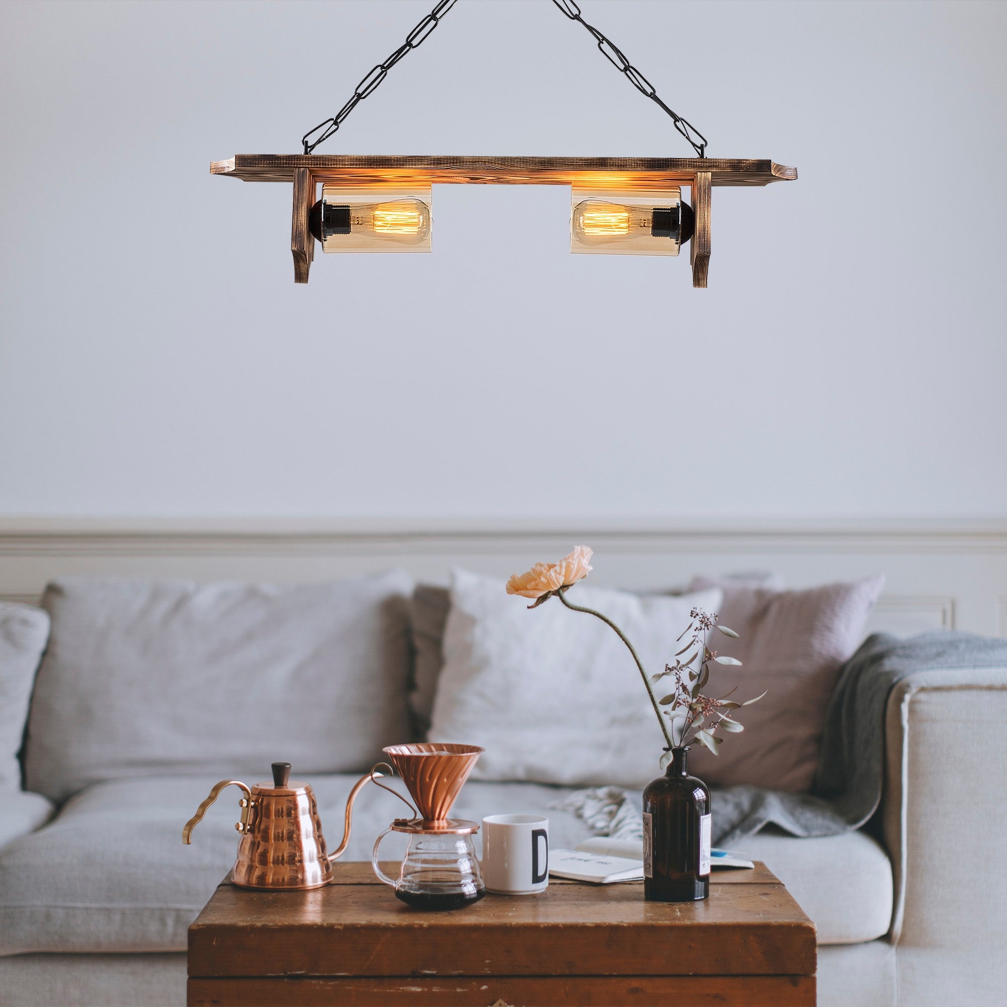 Candeeiro de Teto Elegante de Madeira, 80 x 11 cm, Altura 64 cm | 2 x E27 Máx. 40 W, Acabamento Preto e Madeira | Design Rústico Moderno para Interiores Elegantes