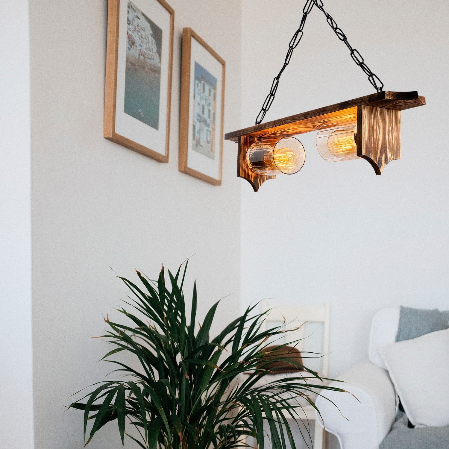 Candeeiro de Teto Elegante de Madeira, 80 x 11 cm, Altura 64 cm | 2 x E27 Máx. 40 W, Acabamento Preto e Madeira | Design Rústico Moderno para Interiores Elegantes