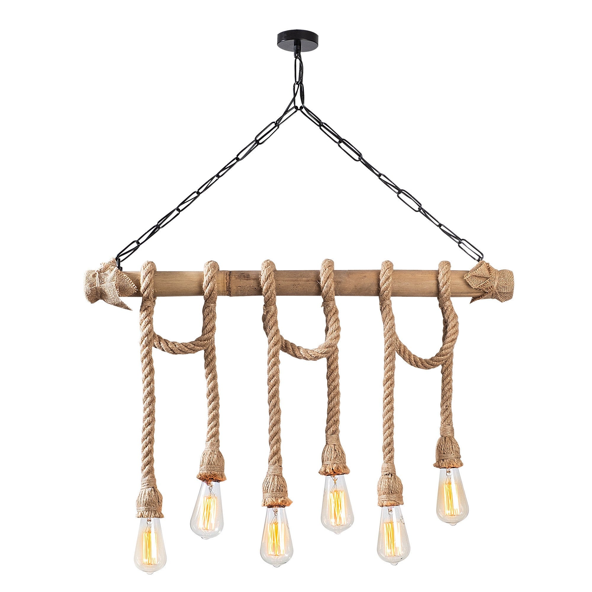 Candeeiro de Teto elegante com corpo de madeira, acabamento preto e madeira, 80 x 8 cm, altura 90 cm, 6 x E27 máx. 40 W, design rústico moderno para interiores elegantes