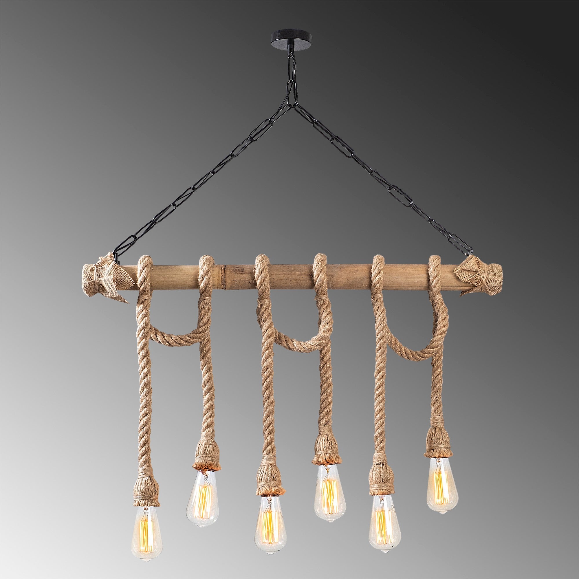 Candeeiro de Teto elegante com corpo de madeira, acabamento preto e madeira, 80 x 8 cm, altura 90 cm, 6 x E27 máx. 40 W, design rústico moderno para interiores elegantes