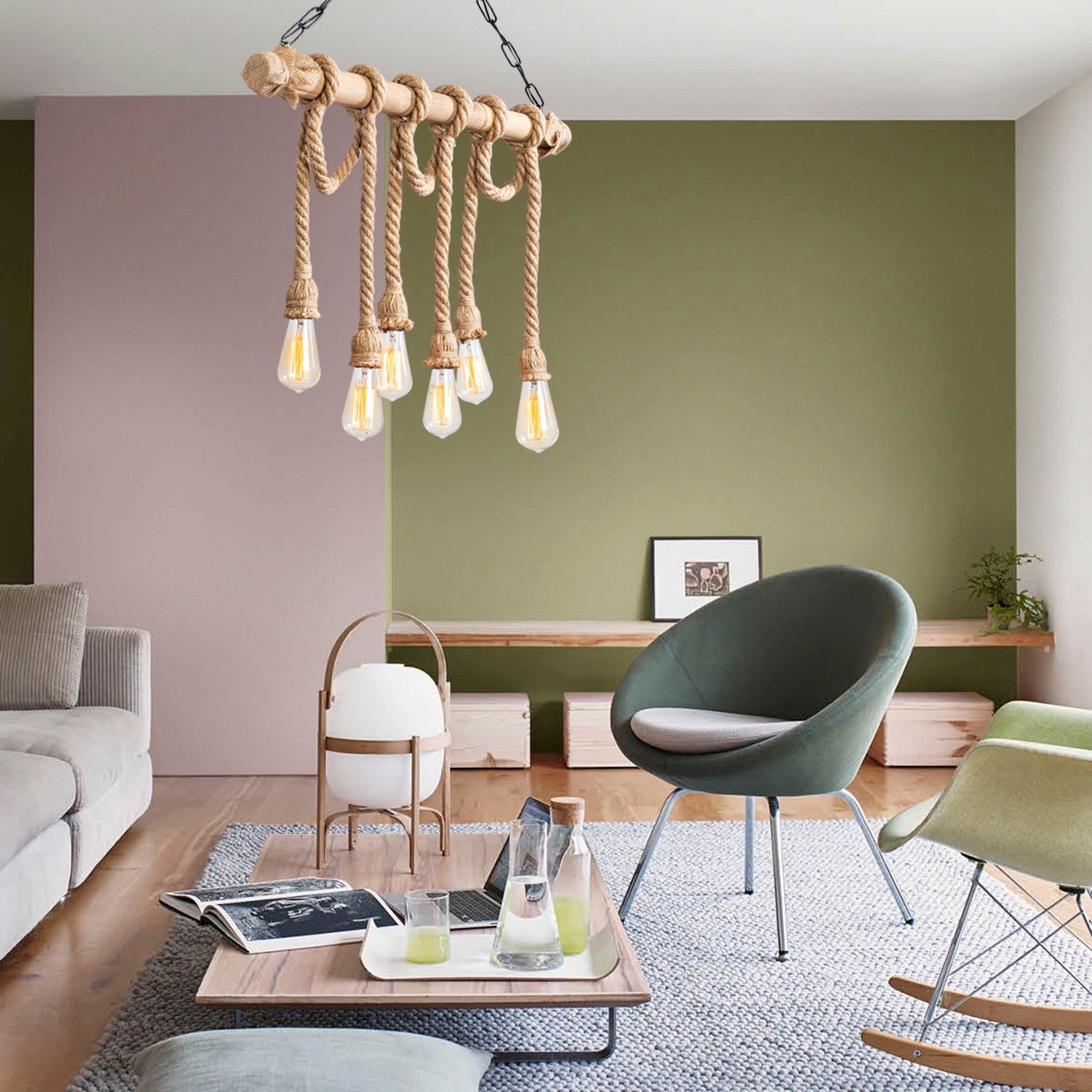 Candeeiro de Teto elegante com corpo de madeira, acabamento preto e madeira, 80 x 8 cm, altura 90 cm, 6 x E27 máx. 40 W, design rústico moderno para interiores elegantes