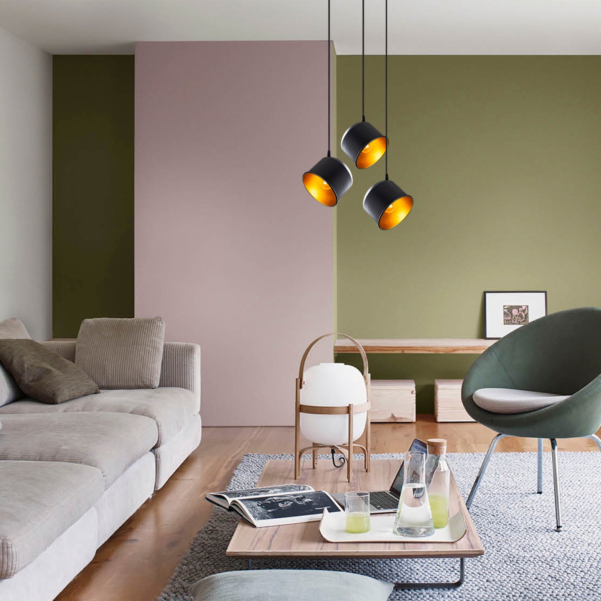 Candeeiro de Teto Industrial Escandinavo, Corpo em Ferro Preto, 38 cm de Diâmetro, 110 cm de Altura, Ajustável, 3 x E27 máx. 40 W | Iluminação Elegante para Espaços Modernos