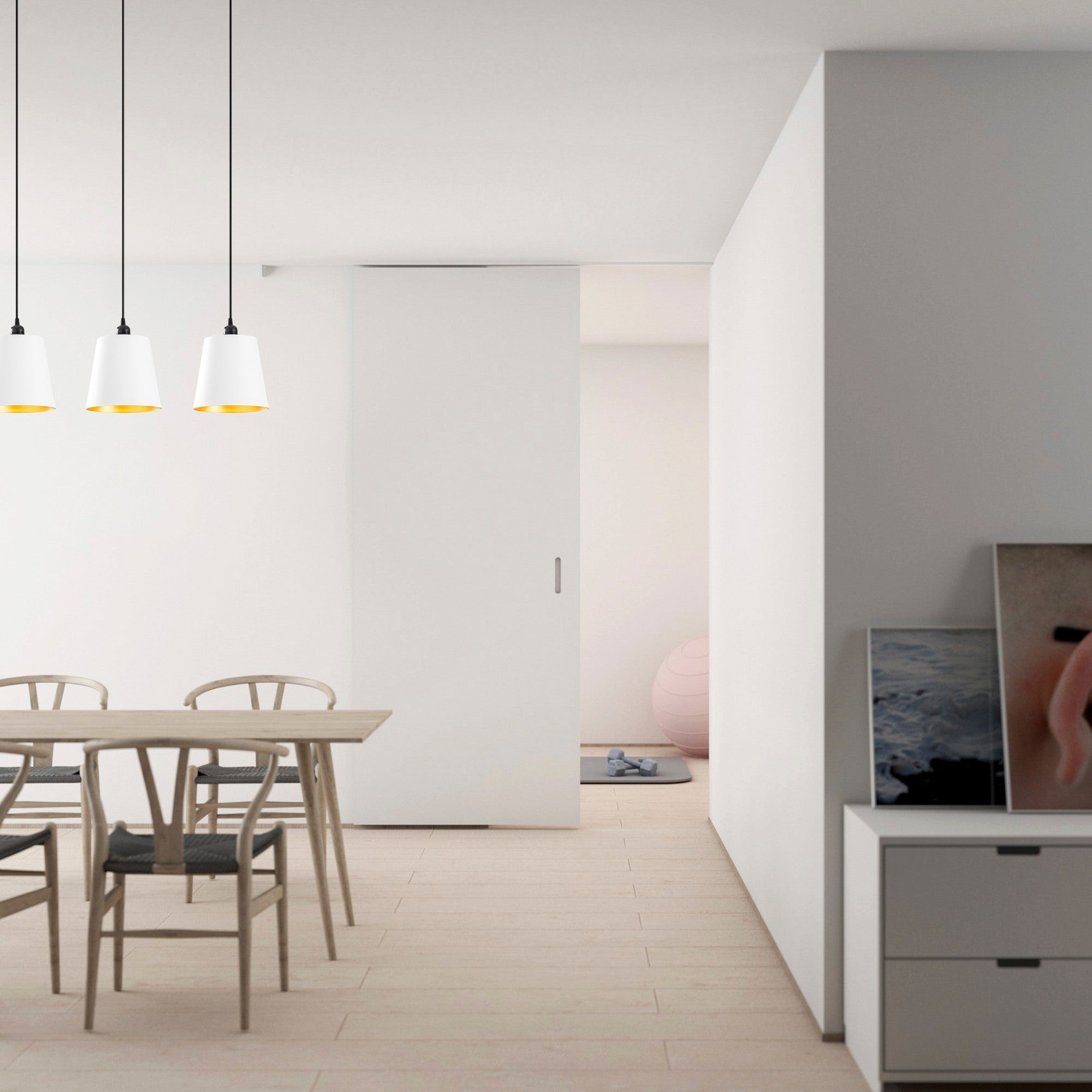 Candeeiro de Teto escandinavo, corpo de metal, 60 x 21 cm, altura 117 cm, ajustável, 3 x E27 máx. 40 W, design branco elegante para espaços modernos, classificação IP20