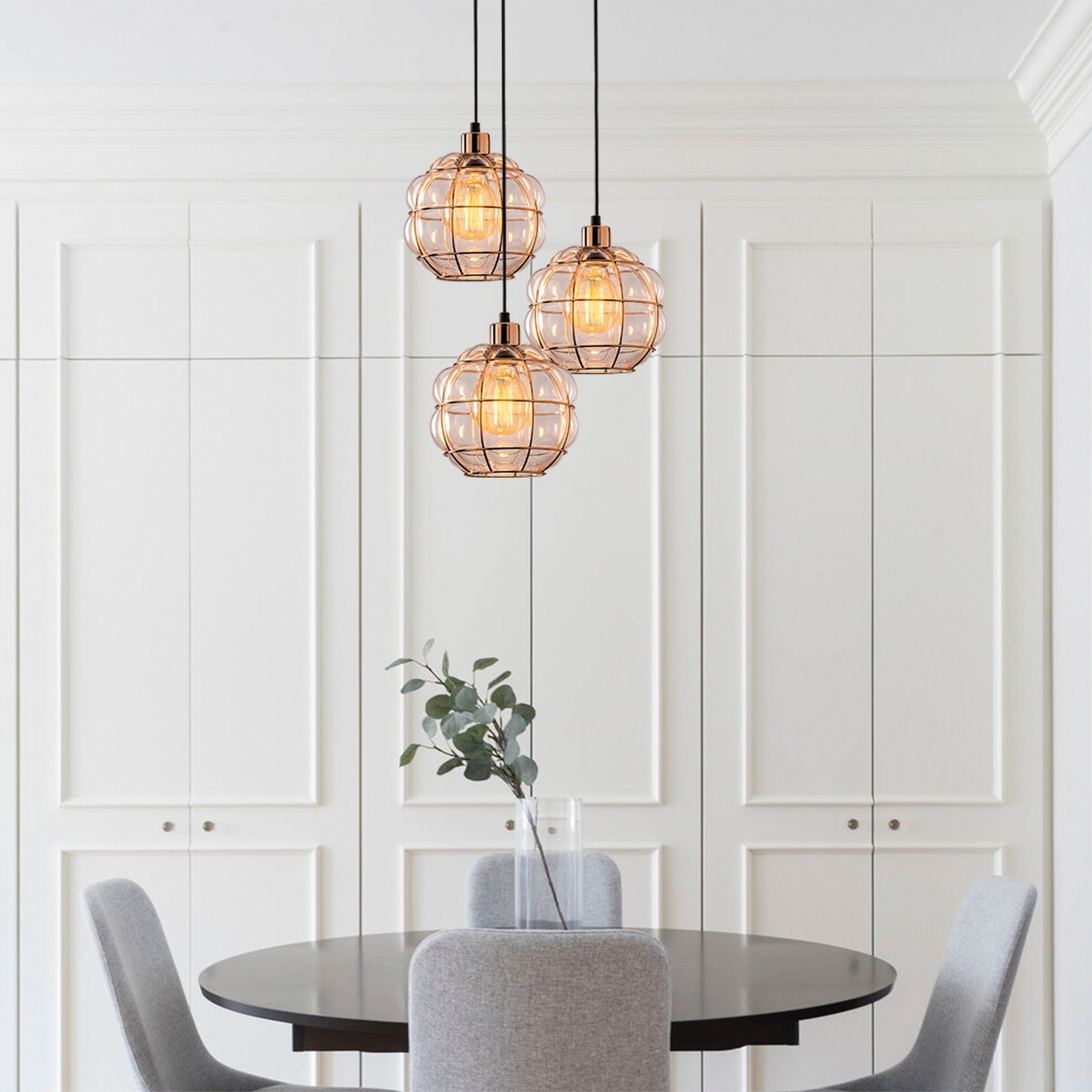 Candeeiro de Teto escandinavo Glam, corpo de metal cobre, 47 cm de diâmetro, 112 cm de altura, ajustável, 3 x E27 máx. 40 W, iluminação elegante para espaços modernos