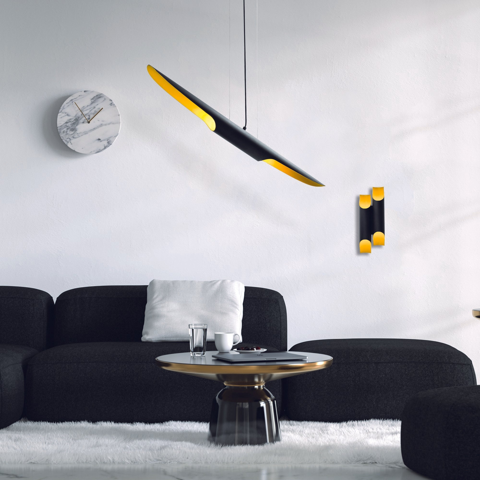 Candeeiro de Teto Preto Elegante, Corpo em Metal, 100 x 8 cm, Altura 104 cm | Altura Ajustável, 2 x E14 Máx. 40 W | Design Escandinavo Glamouroso para Espaços Modernos