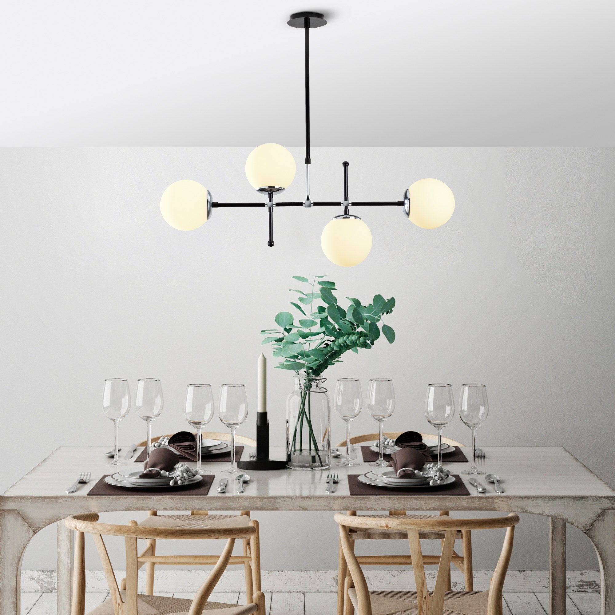 Candeeiro de Teto Escandinavo, Altura Ajustável 67-82 cm, Corpo em Metal Preto e Branco, 90 x 15 cm, 4 x E27 Máx. 40 W, Iluminação Elegante para Espaços Modernos