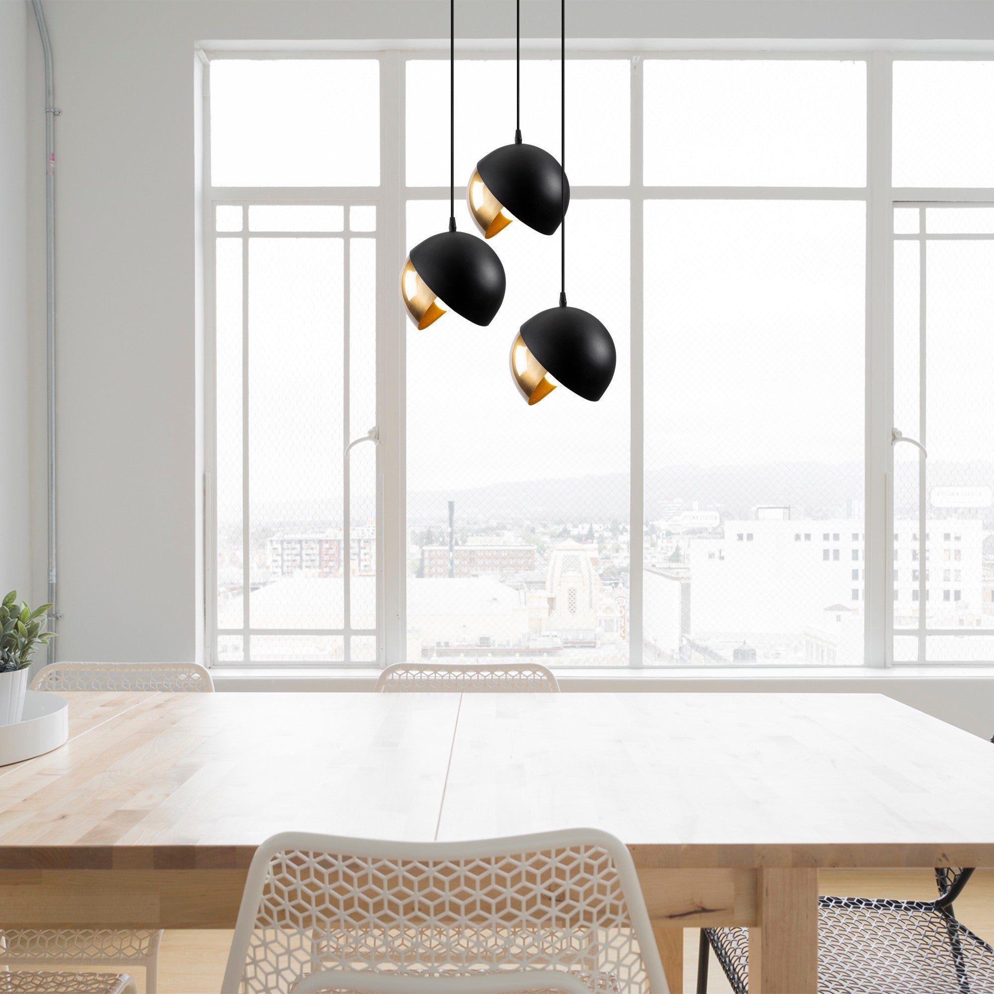 Candeeiro de Teto escandinavo Glam, preto e dourado, 40 cm de diâmetro, 114 cm de altura, ajustável, 3 x E27 máx. 40 W, corpo de metal elegante, perfeito para espaços modernos