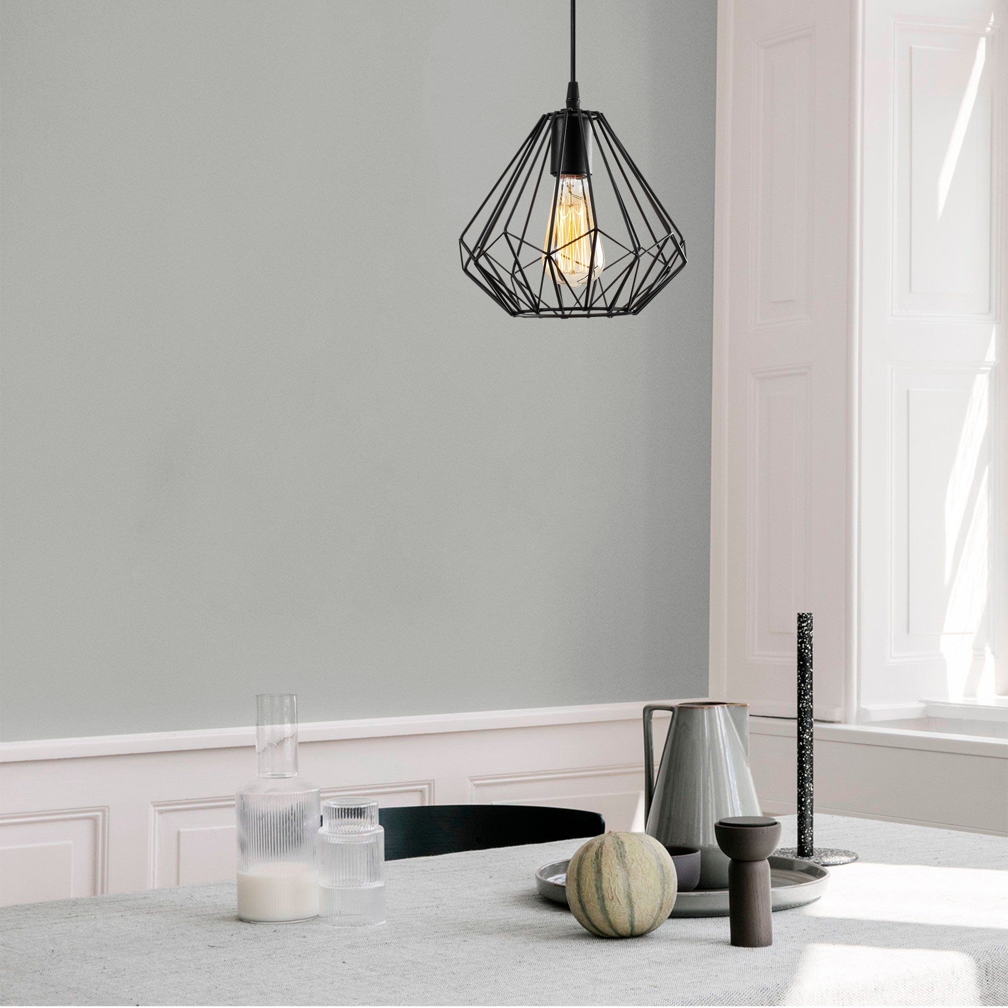 Candeeiro de Teto industrial preto, corpo de metal, 23 cm de diâmetro, 117 cm de altura, ajustável, soquete E27 máx. 40 W, design elegante em cor sólida para espaços modernos