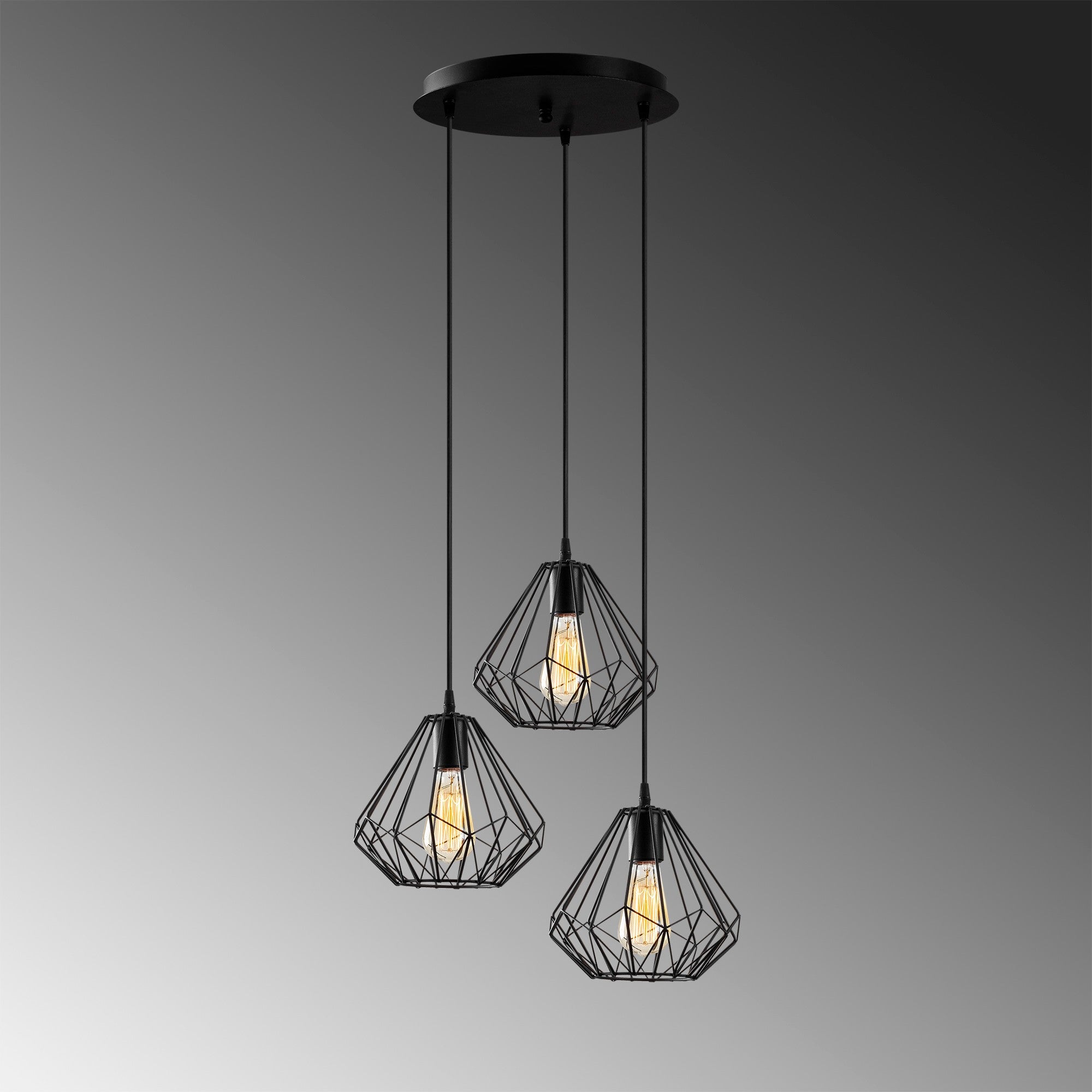 Candeeiro de Teto industrial preto, corpo de metal, 43 cm de diâmetro, 117 cm de altura, ajustável, 3 x E27 máx. 40 W, design elegante de cor sólida para espaços modernos