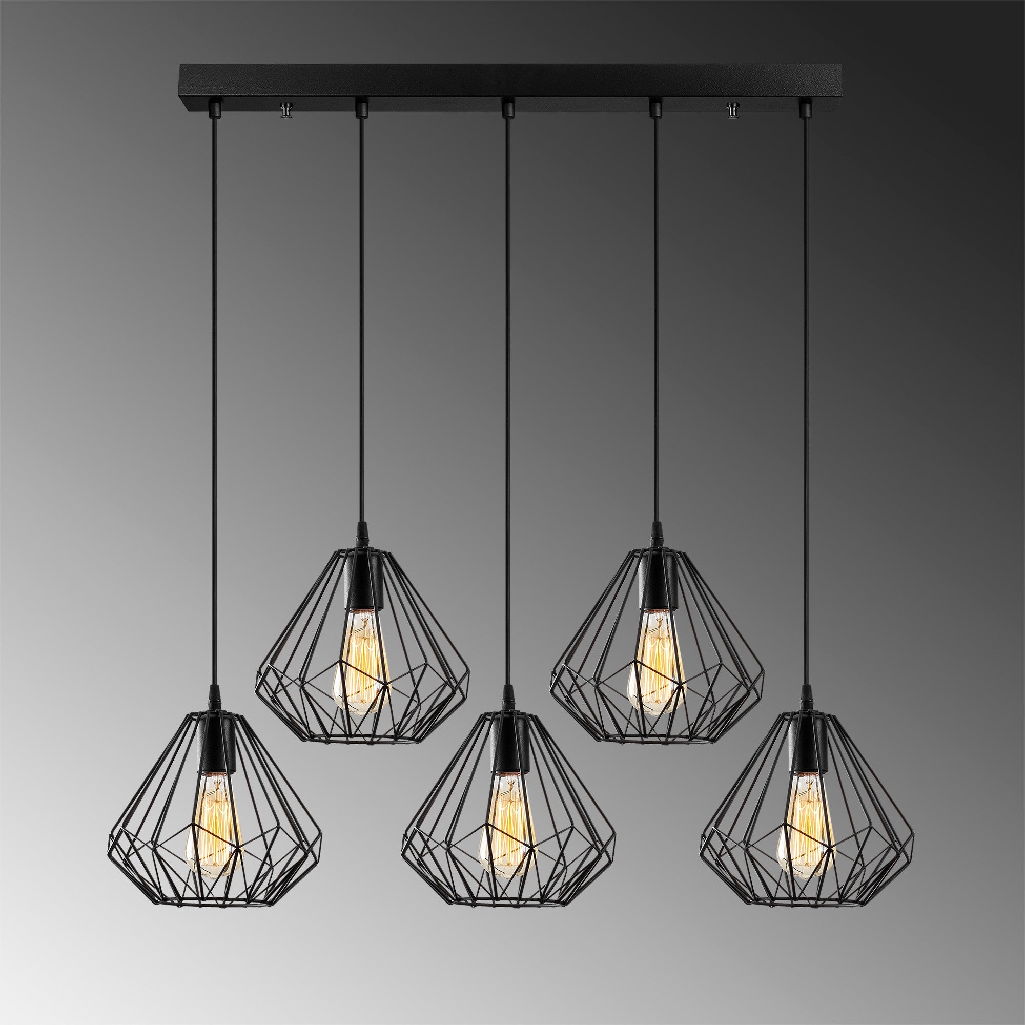 Candeeiro de Teto industrial preto, corpo de metal, 93 cm de diâmetro, 117 cm de altura, ajustável, 5 x E27 máx. 40 W, design elegante para espaços modernos, classificação IP20