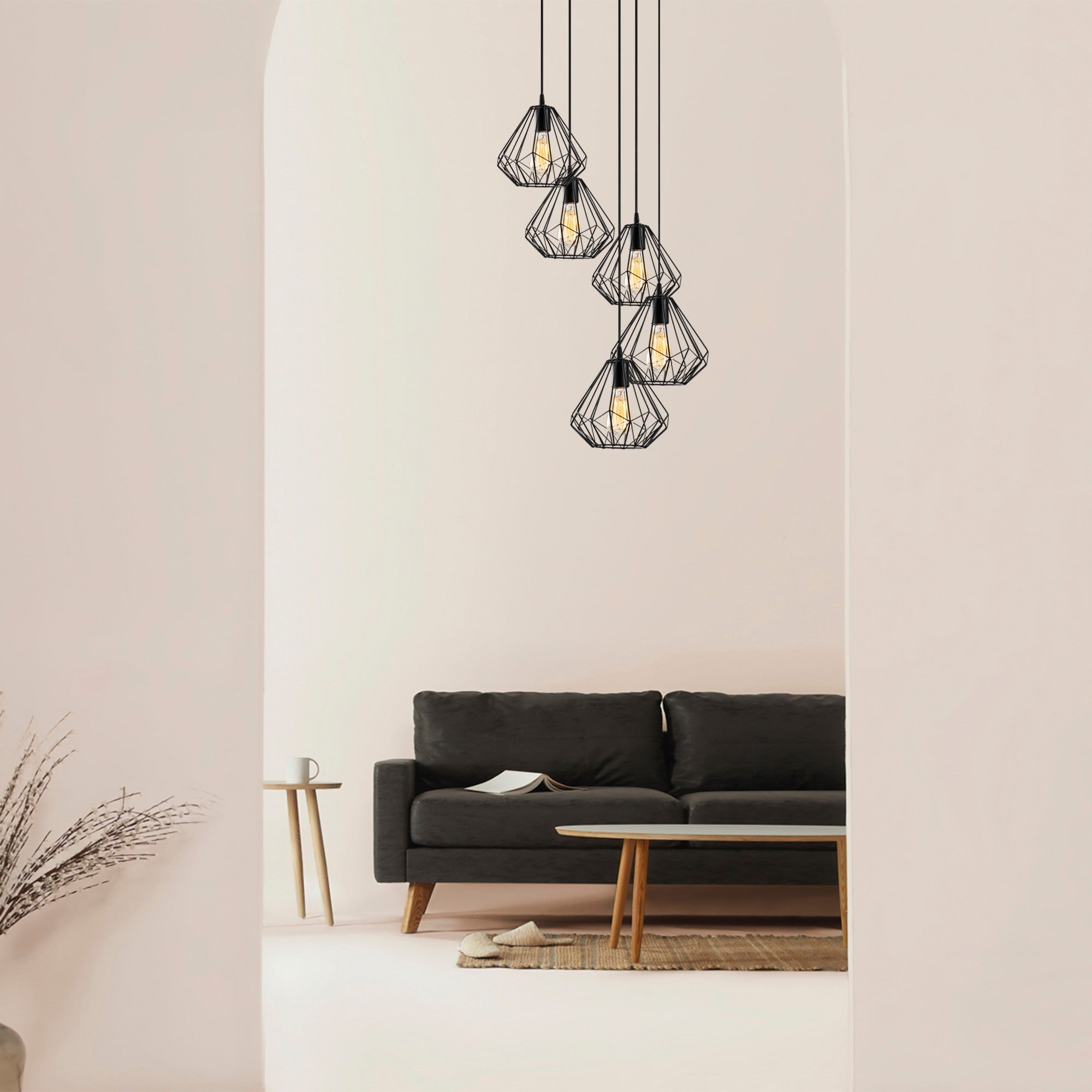Candeeiro de Teto industrial preto, corpo de metal, 50 cm de diâmetro, 117 cm de altura, ajustável, 5 x E27 máx. 40 W, design elegante de cor sólida para espaços modernos