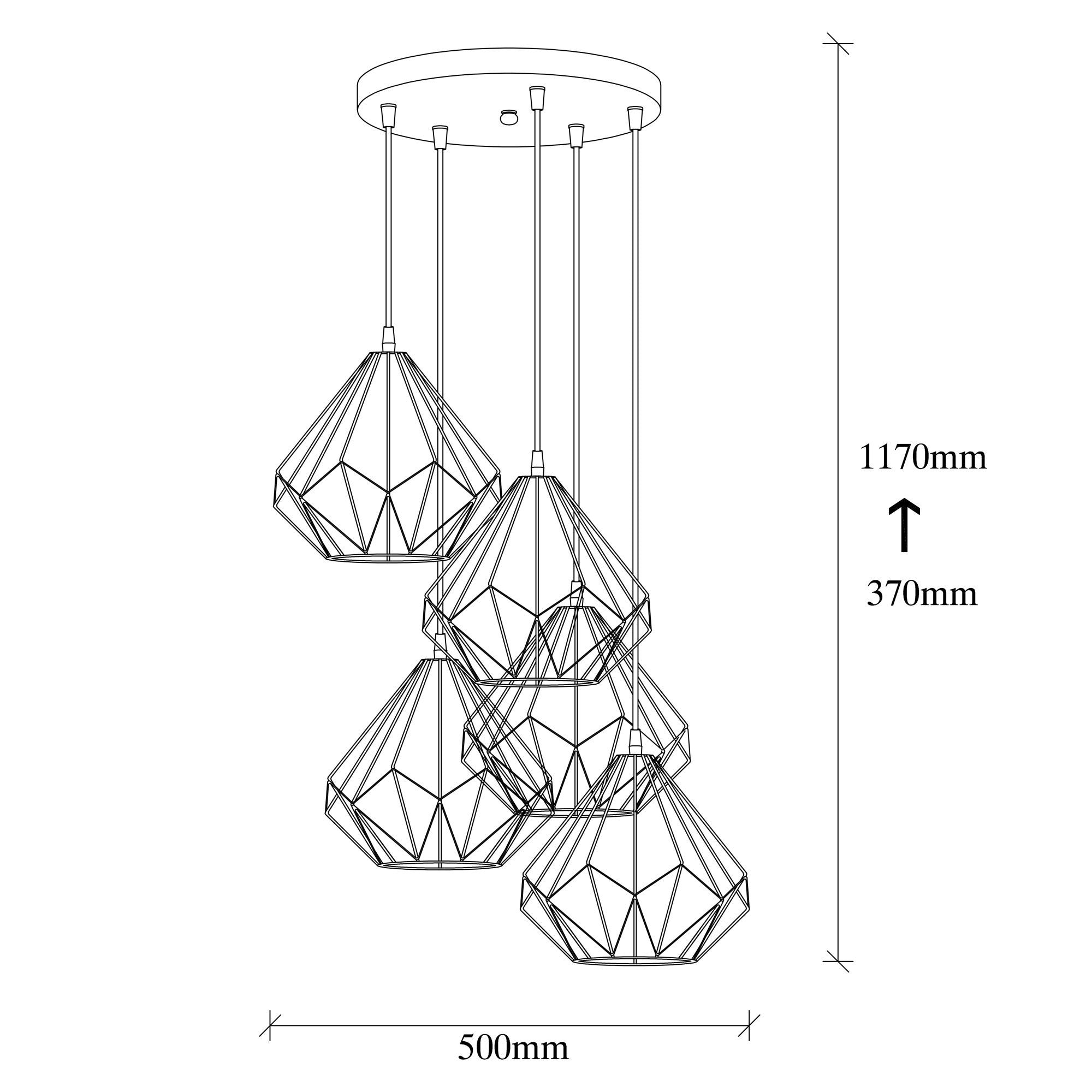 Candeeiro de Teto industrial preto, corpo de metal, 50 cm de diâmetro, 117 cm de altura, ajustável, 5 x E27 máx. 40 W, design elegante de cor sólida para espaços modernos