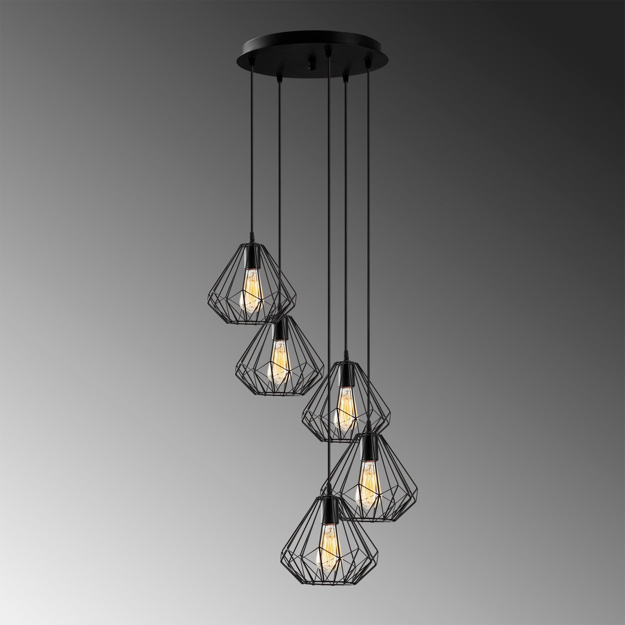 Candeeiro de Teto industrial preto, corpo de metal, 50 cm de diâmetro, 117 cm de altura, ajustável, 5 x E27 máx. 40 W, design elegante de cor sólida para espaços modernos