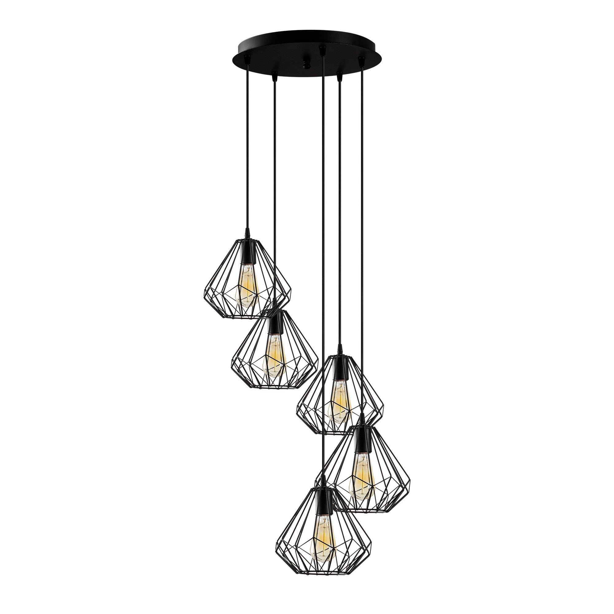 Candeeiro de Teto industrial preto, corpo de metal, 50 cm de diâmetro, 117 cm de altura, ajustável, 5 x E27 máx. 40 W, design elegante de cor sólida para espaços modernos