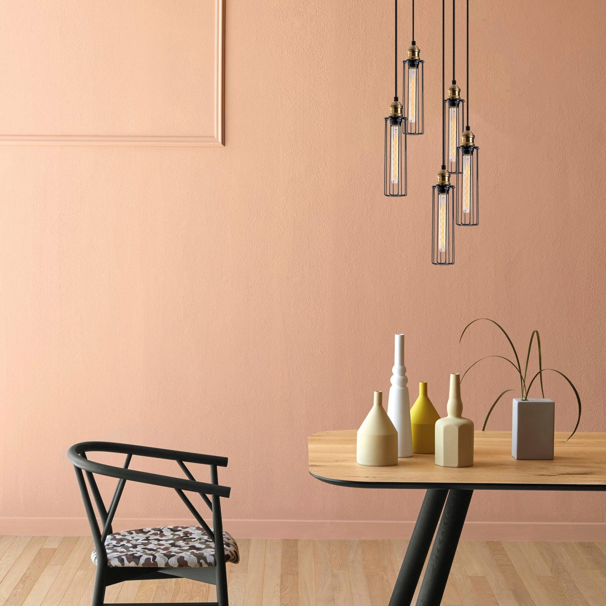 Candeeiro de Teto Preto Elegante, 33 cm de Diâmetro, 123 cm de Altura | Altura Ajustável, Corpo de Ferro, 5 x E27 Máx. 40 W | Iluminação Elegante para Espaços Modernos